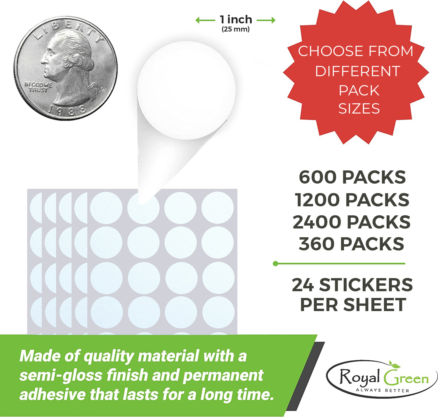 Color Coding Labels Dots Stickers 1 Inch Rounded Circle 25mm Dots by Royal Green