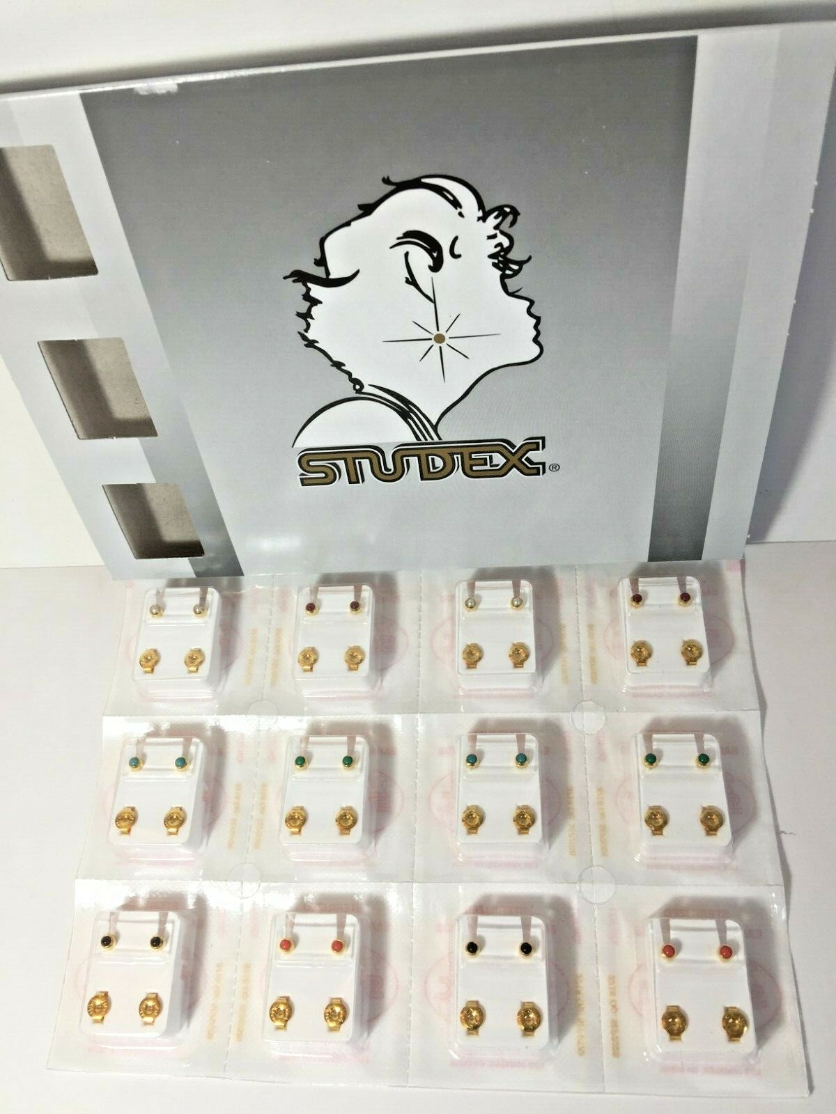 Studex Ear Piercing Earrings 12 Pair 4mm Reg. Gold Plated Pearl & Stones R313Y