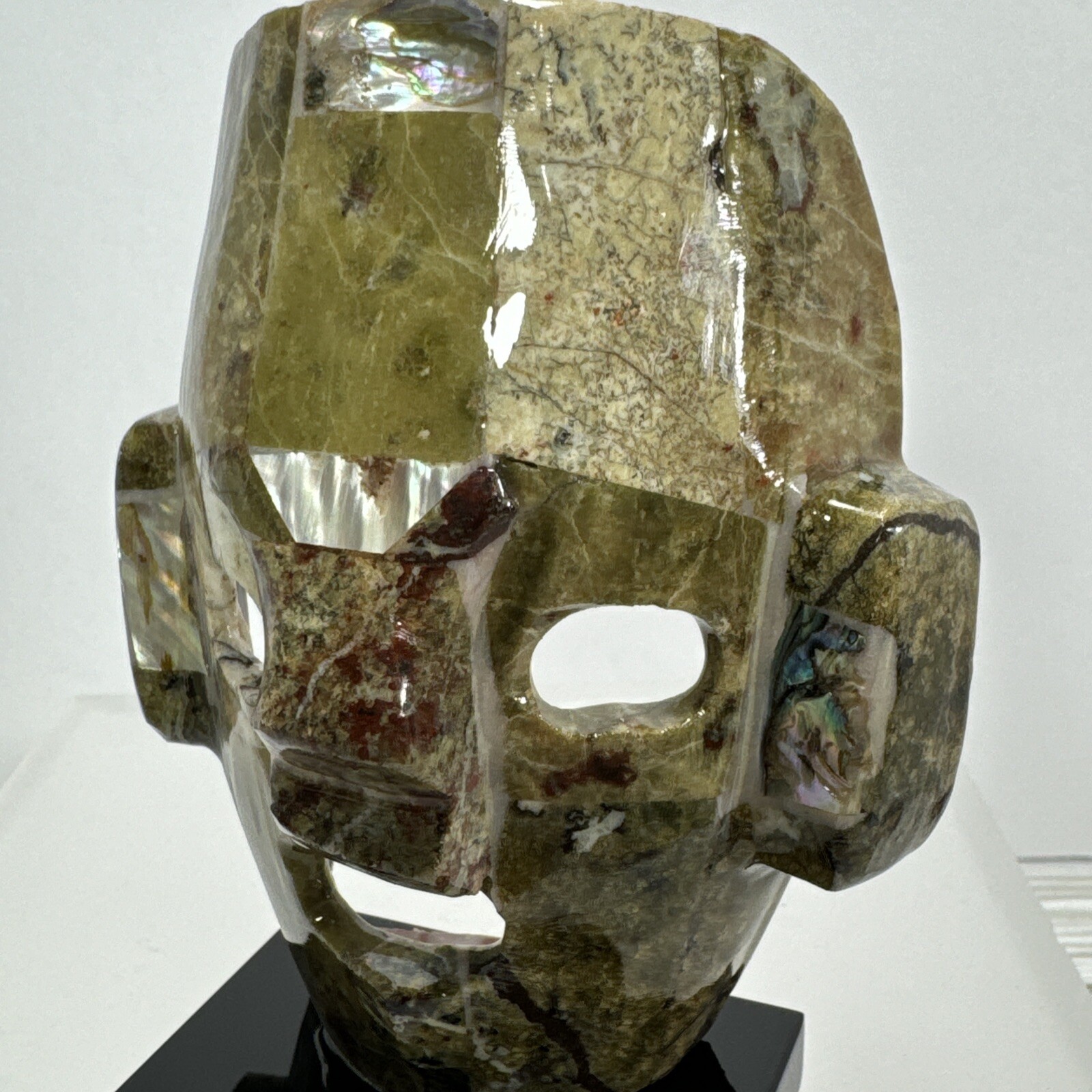 Mexican Mayan Tribal Burial Face Mask Green Stones Mixed Abalone Shell Onyx Base