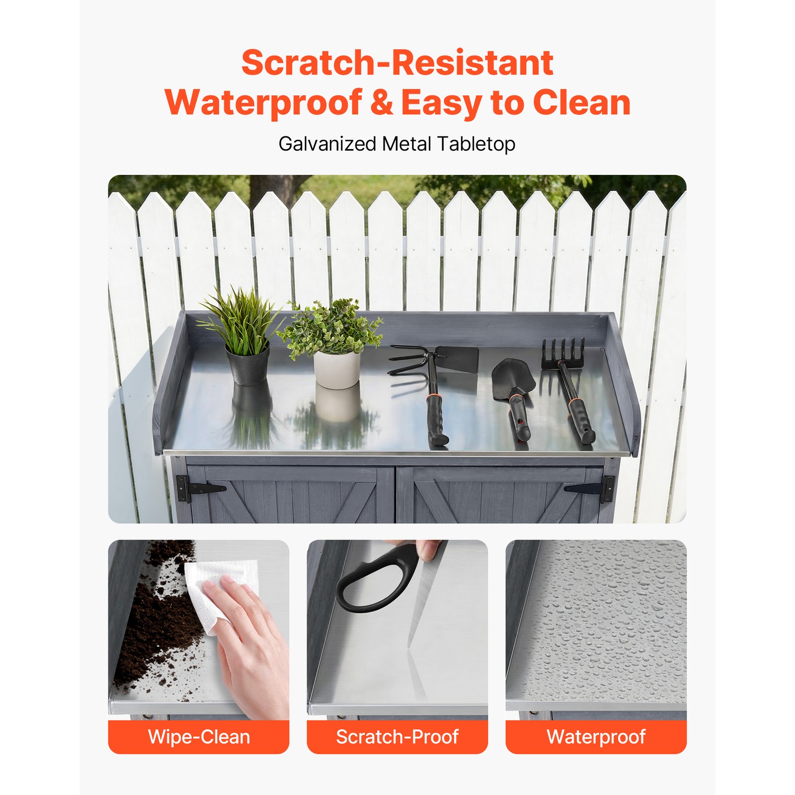 Uimoso Outdoor Wooden Potting Bench with Iron Work Surface and Storage Cabinet