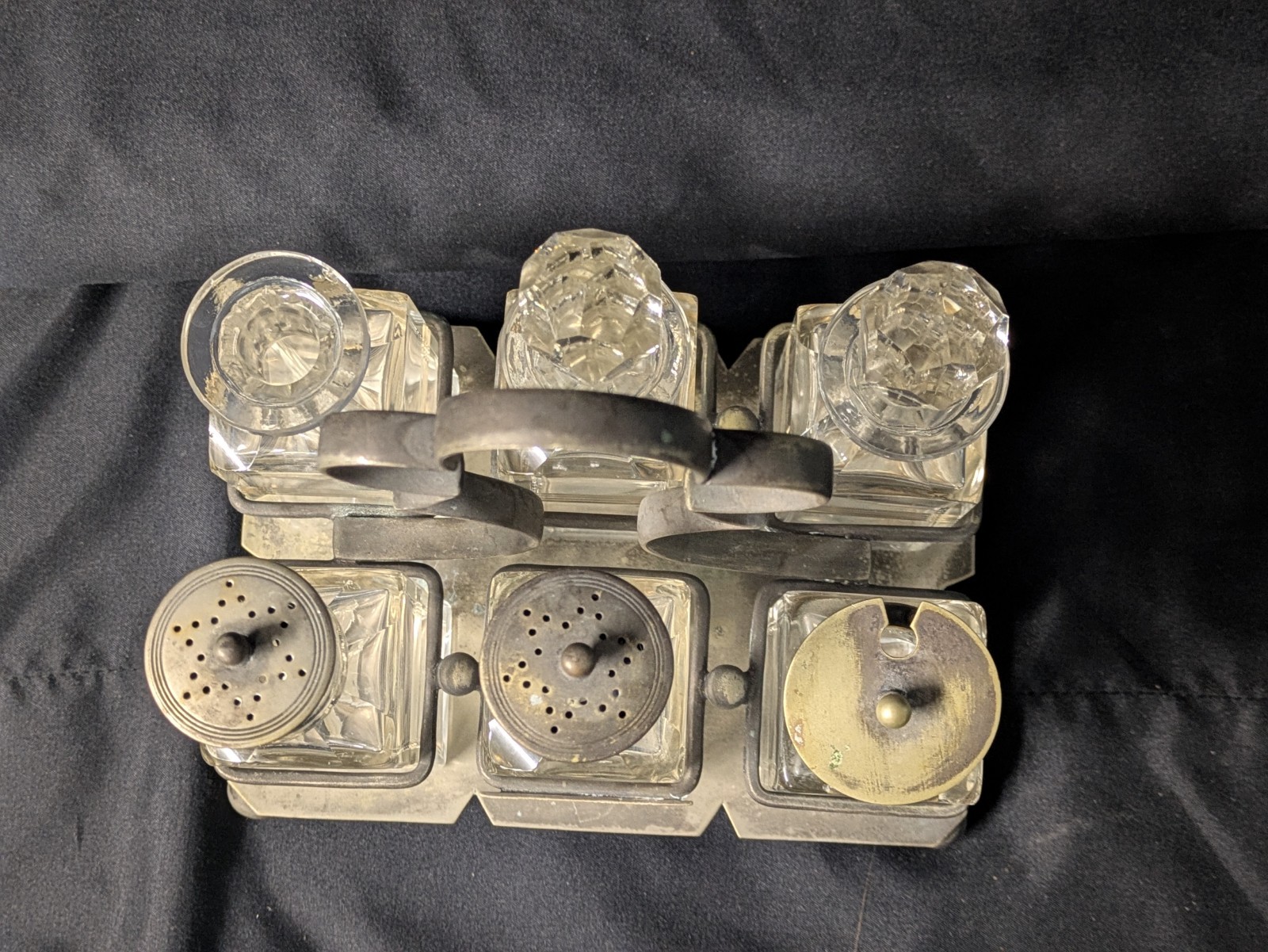 Vintage 6 Bottle Cruet Set with Handles Holder Silver plate Art Deco Condiments