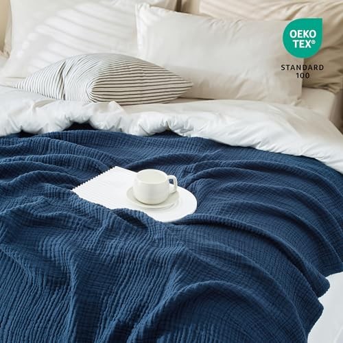 100% Cotton Muslin Throw Blanket 90" X 90" Size，4-Layers Queen Navy Blue