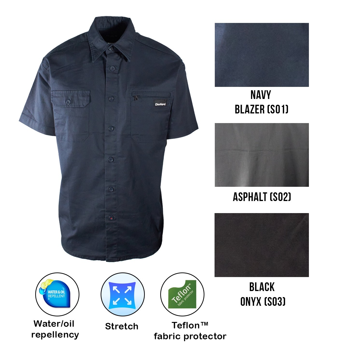 DieHard Men's Shirt Work Twill Resists Short Sleeve Black, Navy, Grey