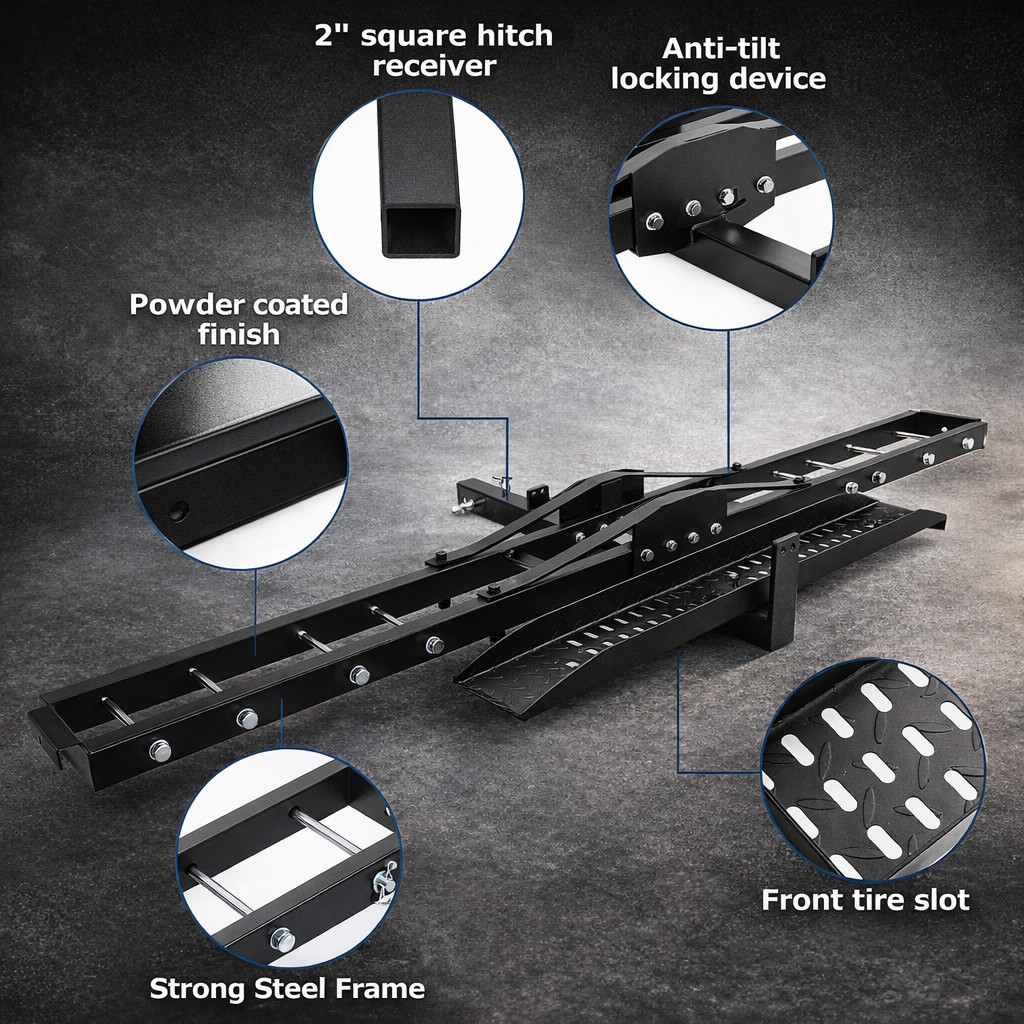600LBS Motorcycle Carrier Rack 2" Receiver Hitch w/ Steel Ramp Anti-Tilt Lock HD