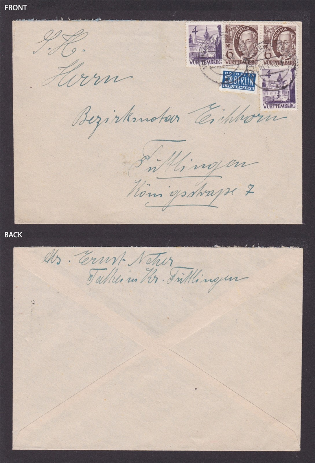 GERMANY 1949 Württemberg French zone, Cover from Tuttlingen