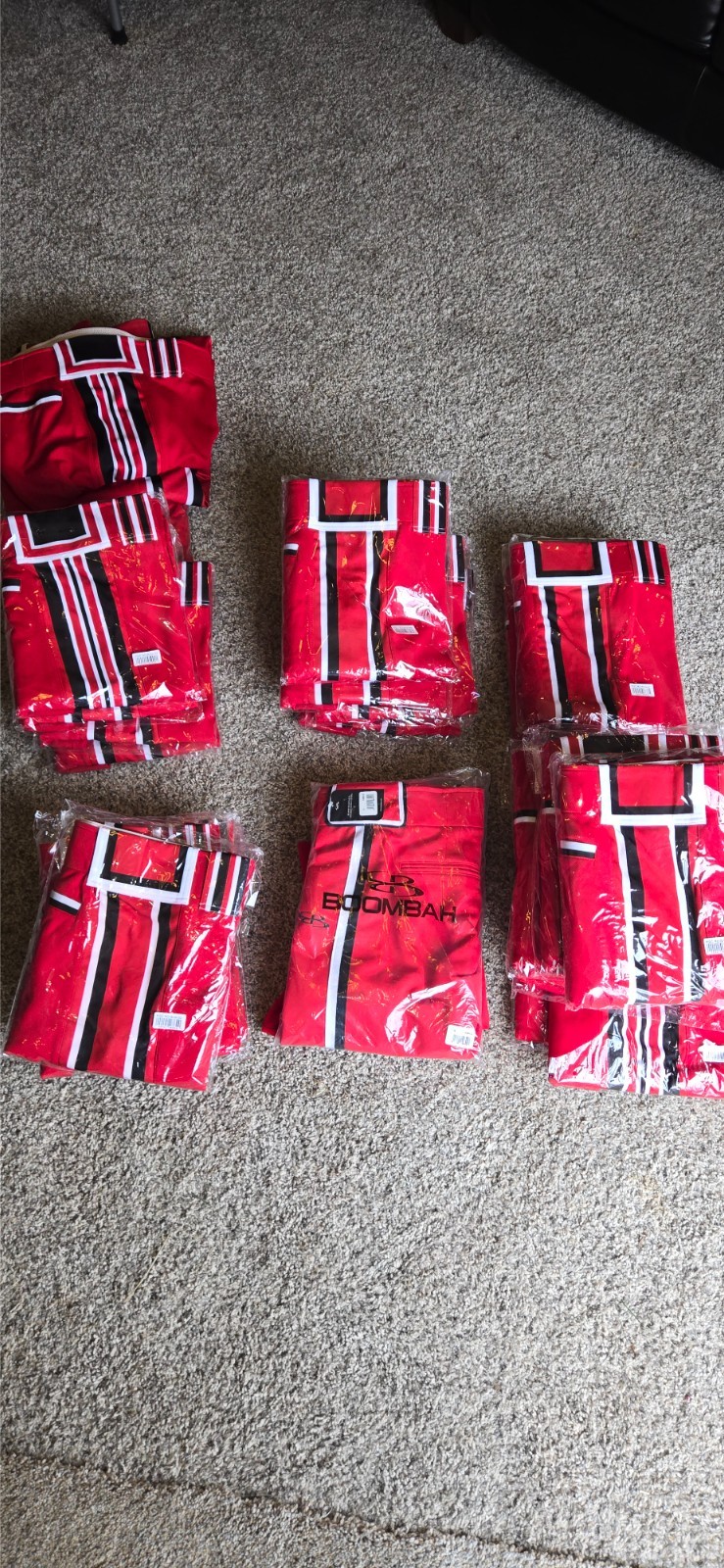 70 pairs Men's softball pants, White, Red, Black. Most new.