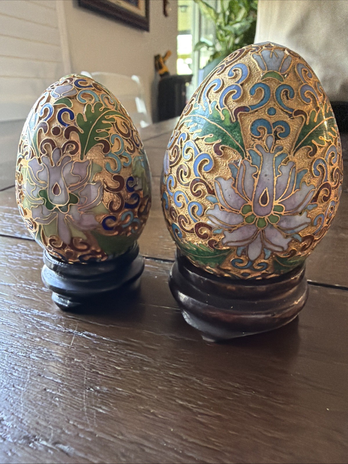 Pair of Vintage Cloisonné Gold Tone Decorated Enamel Eggs- 2 Sizes