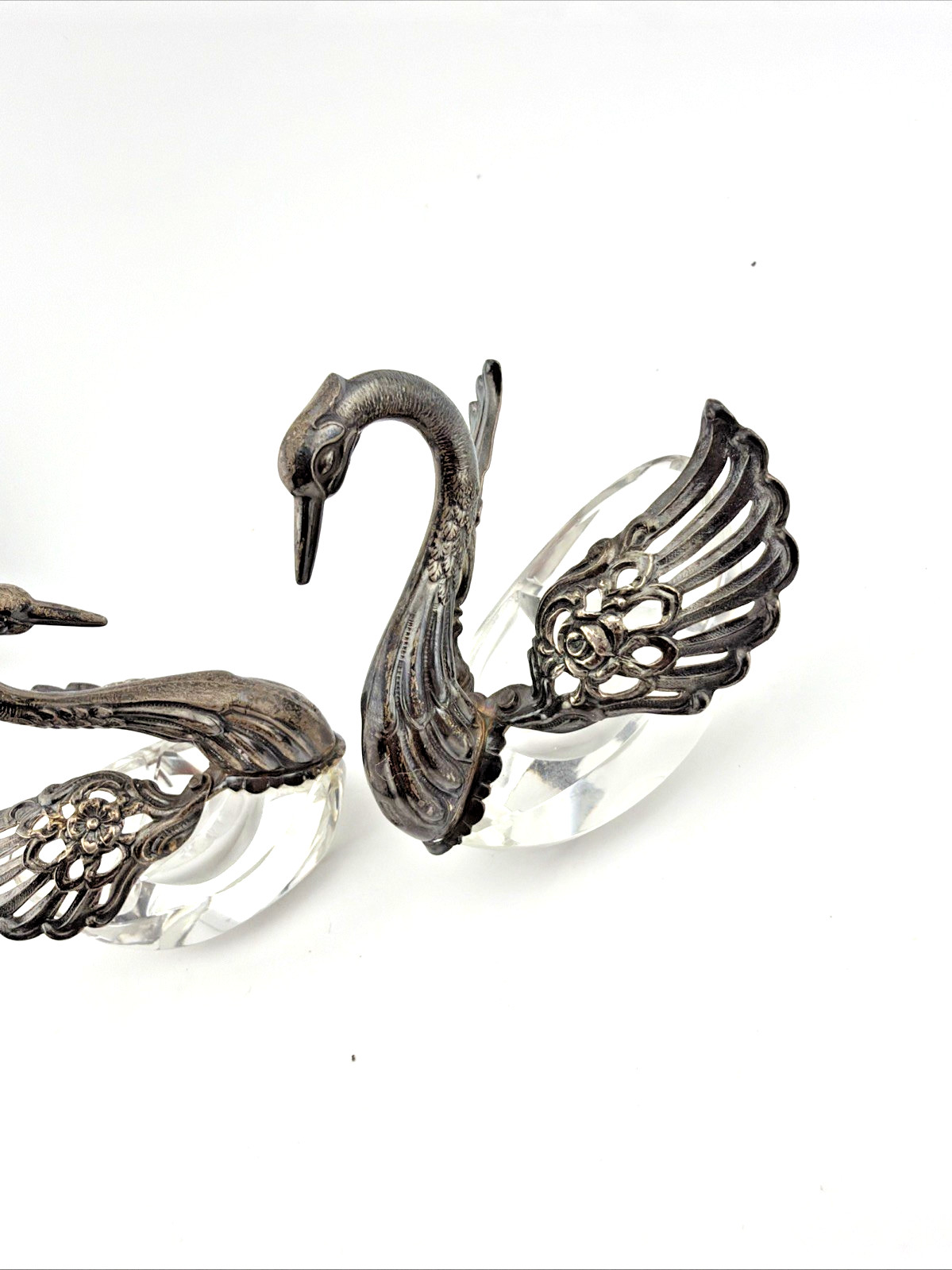Pair Vintage Sterling Silver and Glass Table Salt Swans R Sterling West Germany