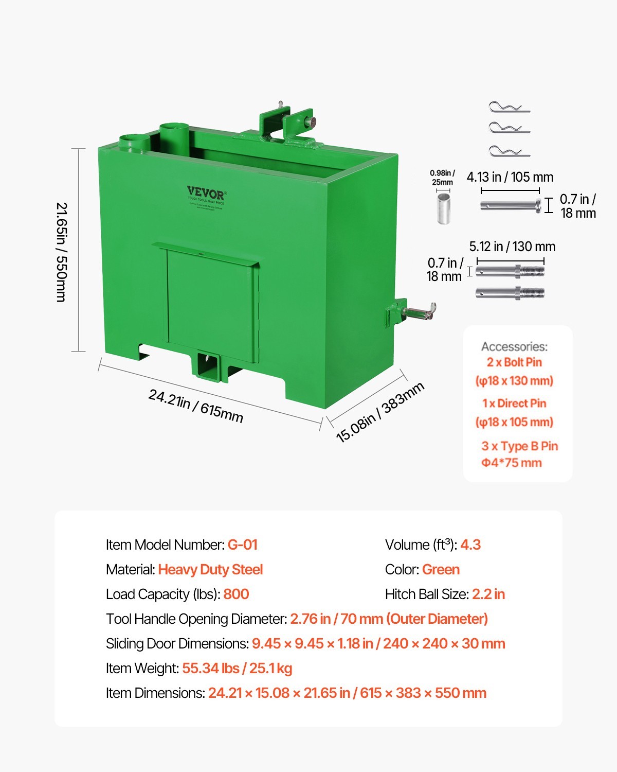 VEVOR Ballast Box 3 Point Category 1 Tractor Quick Tach Hitch Counterweight