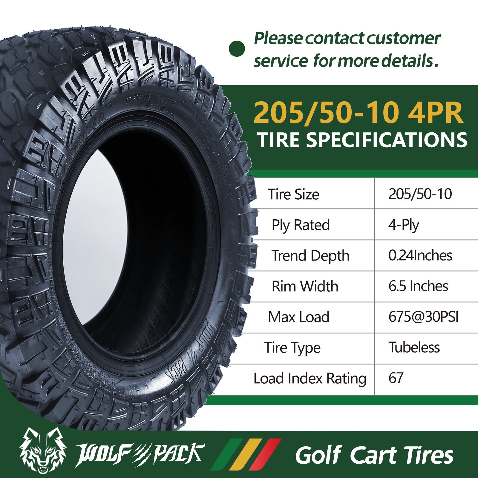 Set Four 205/50-10 Golf Cart Tires 4 ply All Terrain Low Profile Tire Tubeless