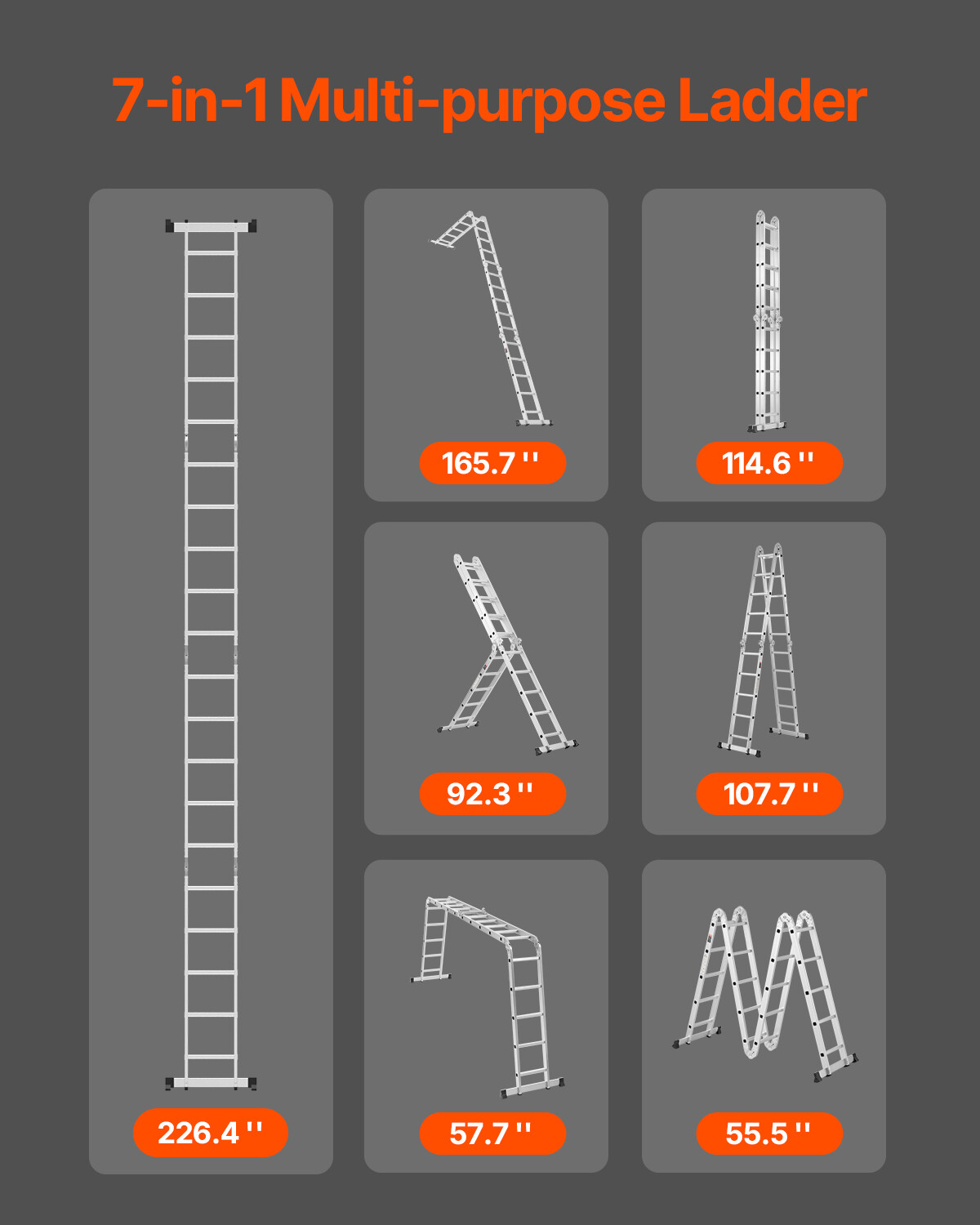 Multi-Purpose Folding Ladder 7-in-1 5 Step 19ft Reach Height Metal