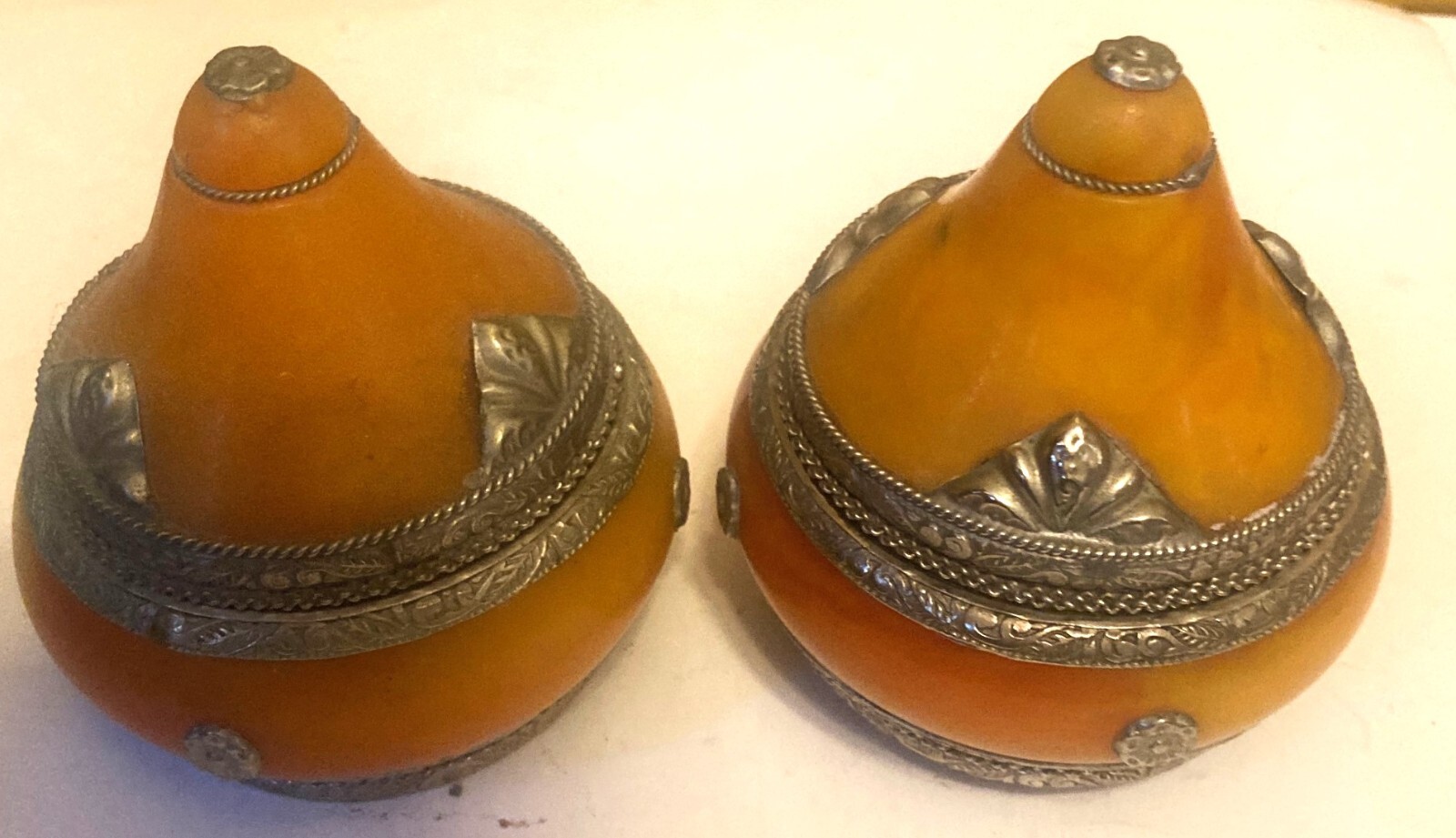 Vtg Handmade Moroccan Yellow Berber Amber Resin & Silver Trinket Jar/ Bangle 3"