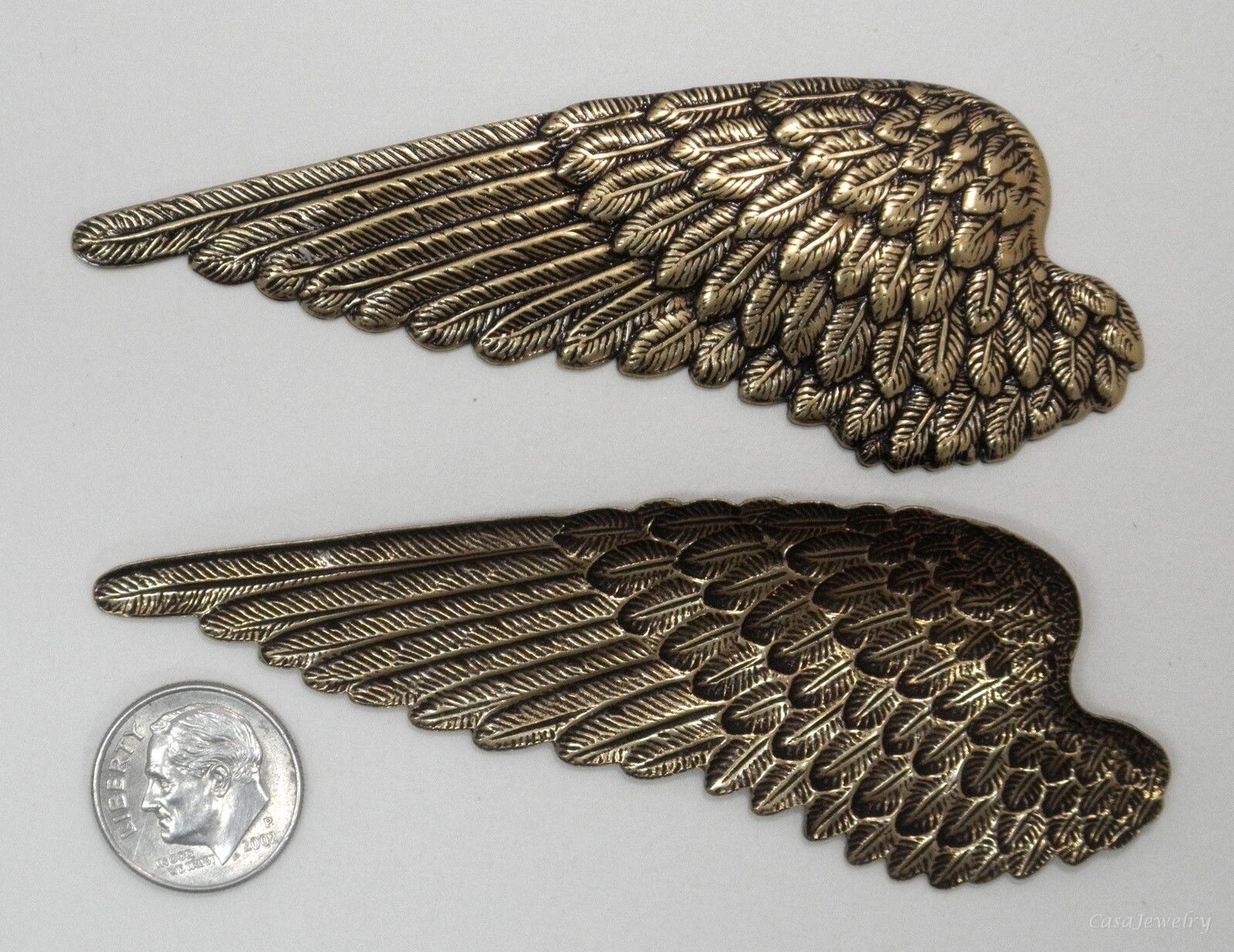 #3441 LARGE ANTIQUED GOLD LEFT/RIGHT FEATHERED ANGEL WINGS - 2 Pc Lot (1 Pair)