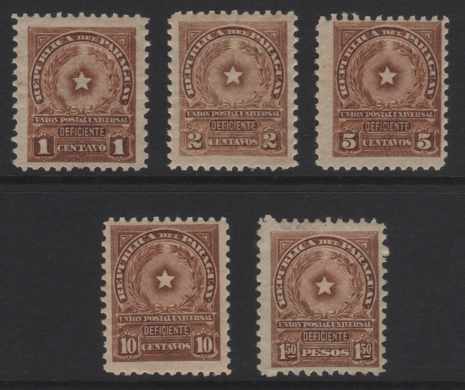 Paraguay Scott J5-J8, J12 Postage Due VF Mint Hinged Issued 1913.