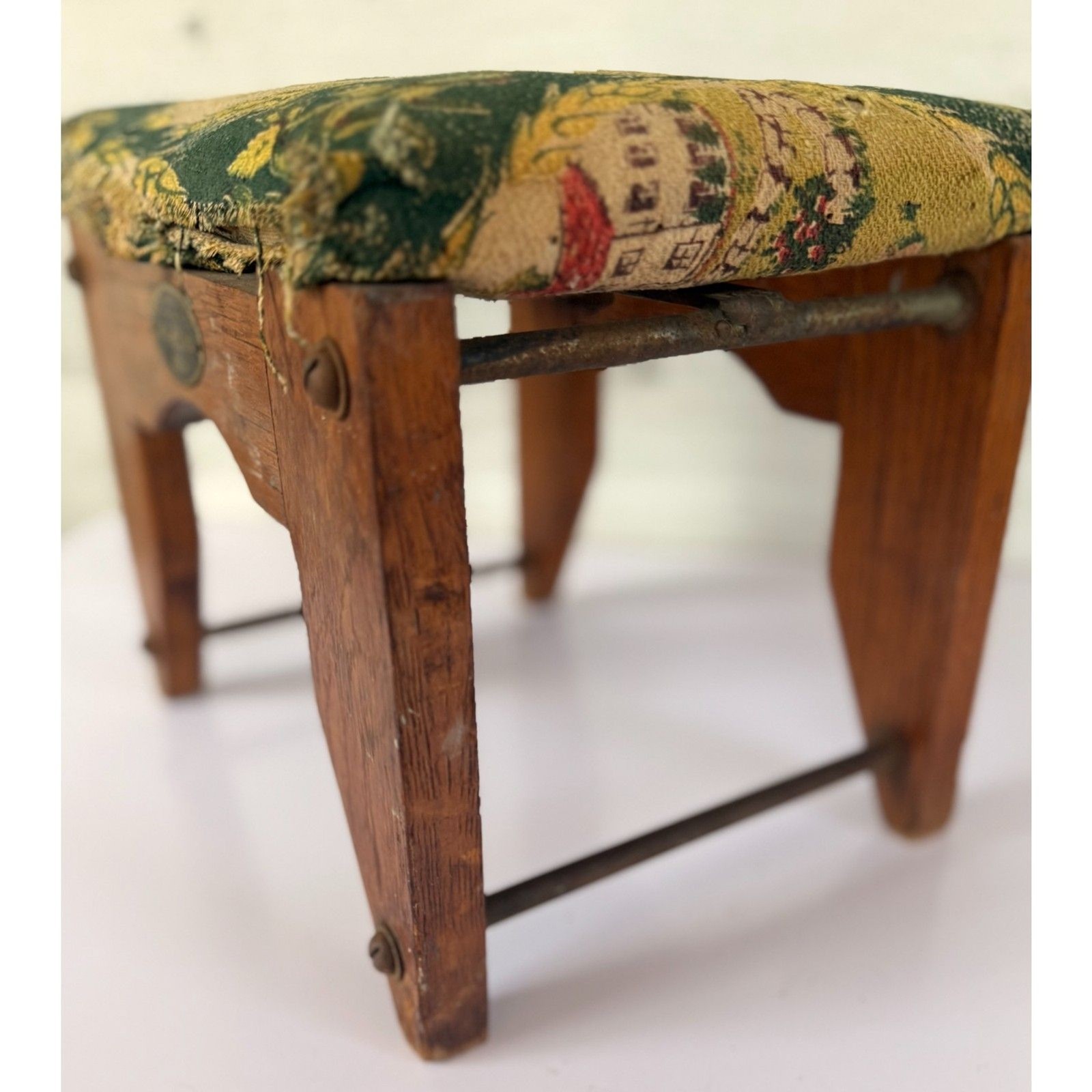 Antique Loose Leaf Footstool with Equestrian Tapestry