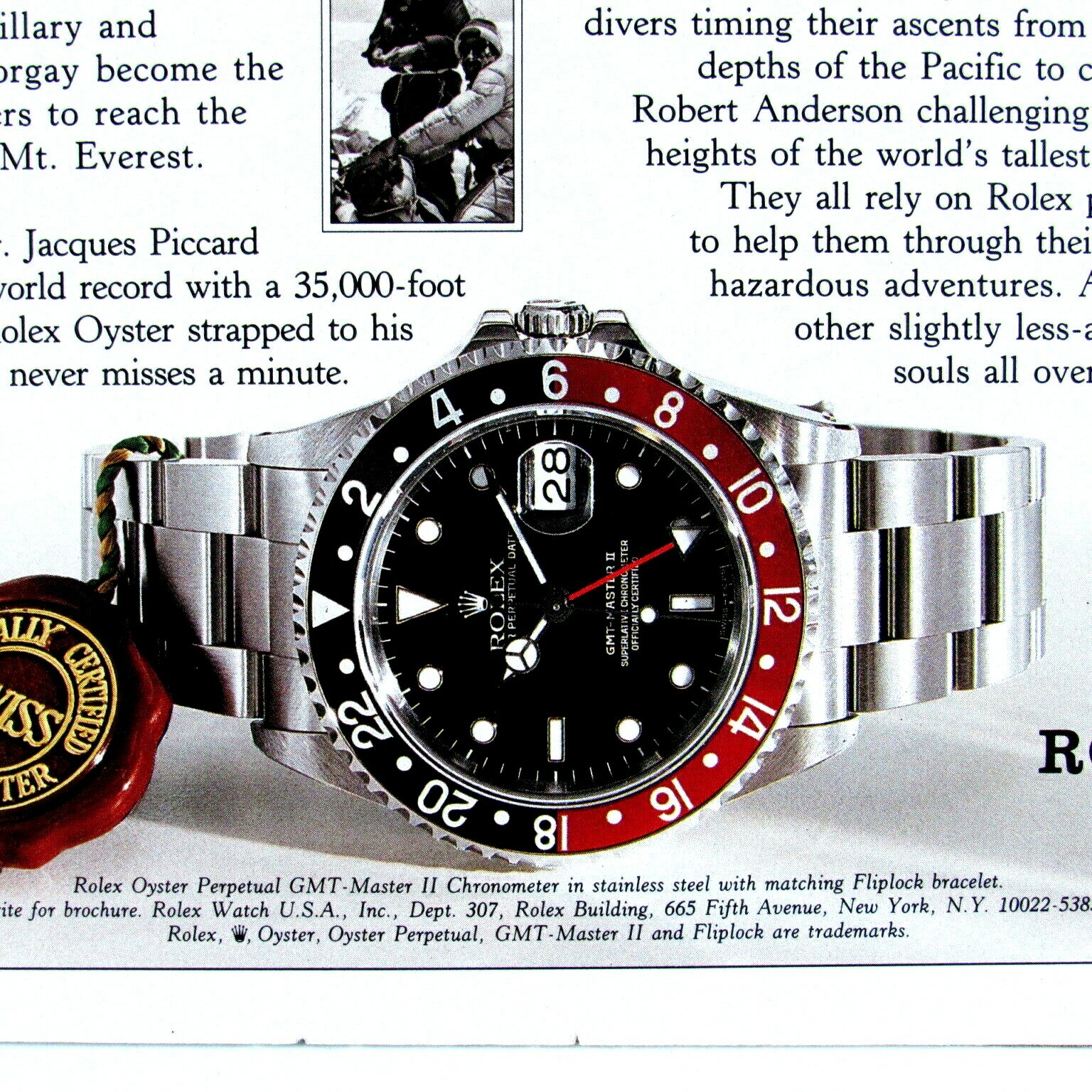 1996 Rolex Chuck Yeagar Hurley Haywood Vintage Original Print Ad 8.5 x 11"
