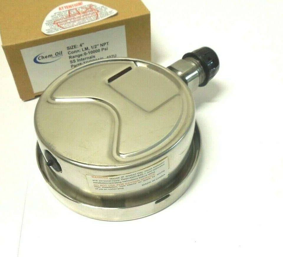 Gauge 4" Face S/S Case 0-10000 PSI 1/2" NPT Stainless Tube & Socket Filled 323FF