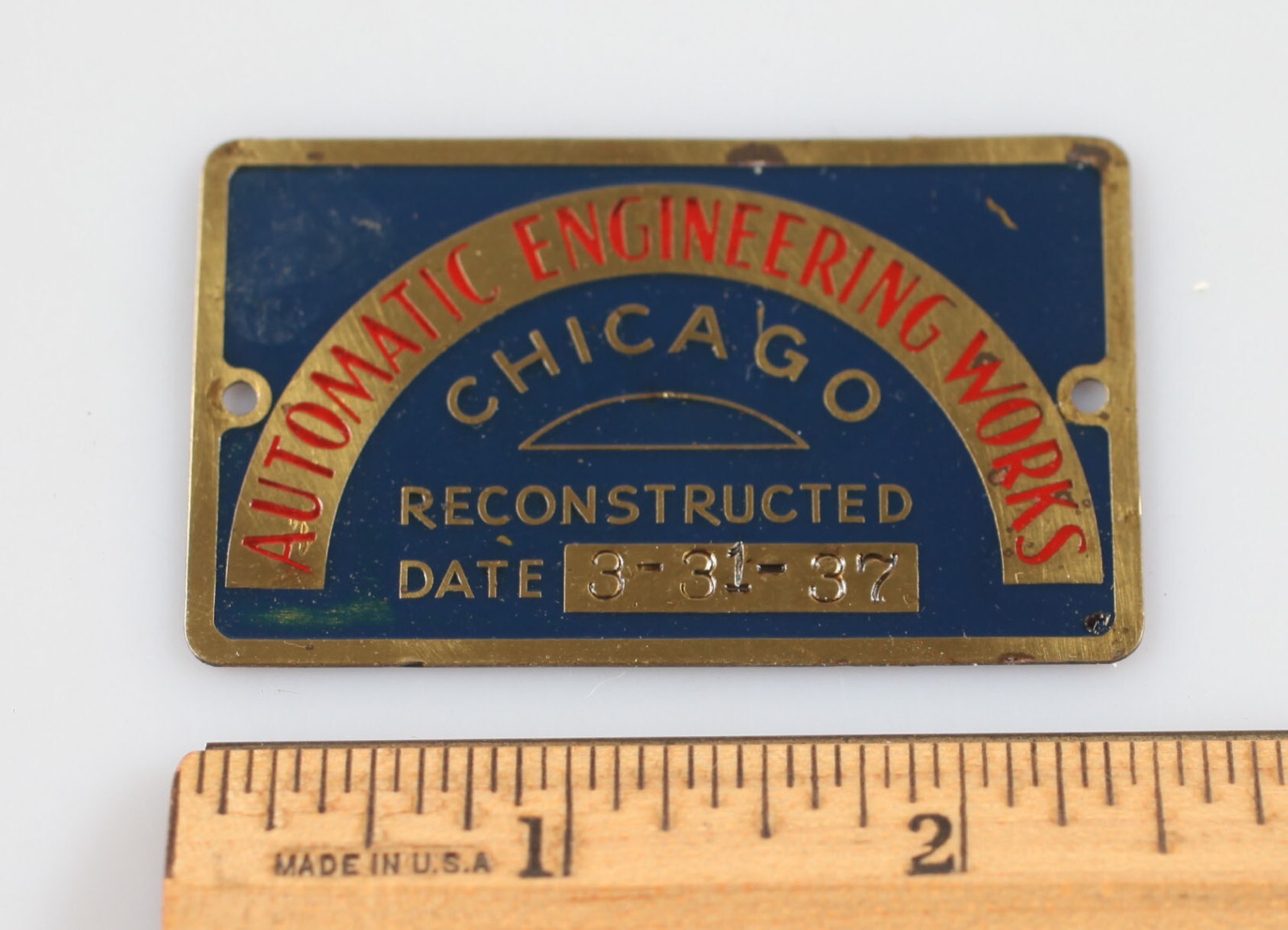 Vintage 1937 Automatic Engineering Works Metal Plate Emblem Badge Reconstructed