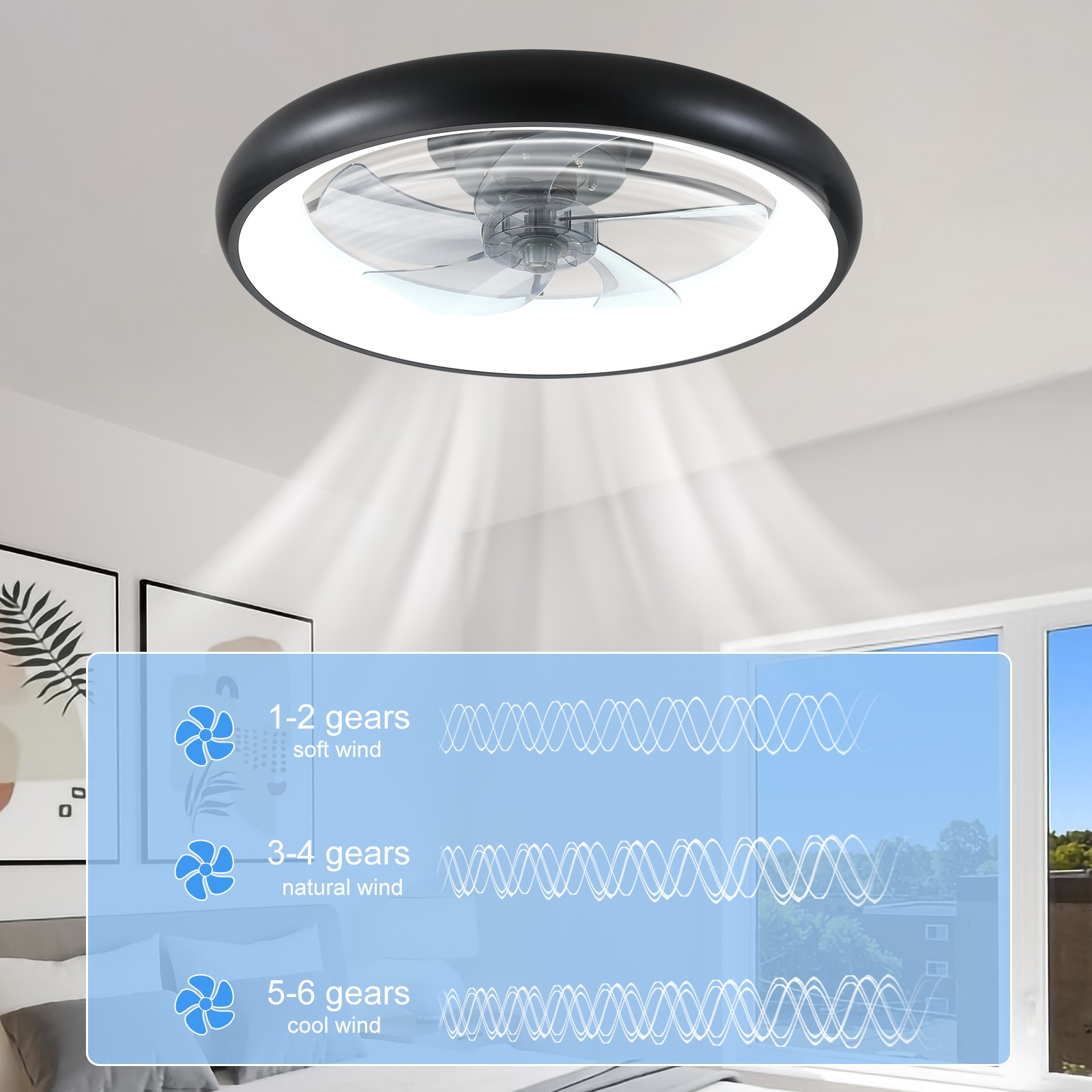 Black LED Modern 22 inch Ceiling Fan Light Flush Mount w APP Remote Control Kit