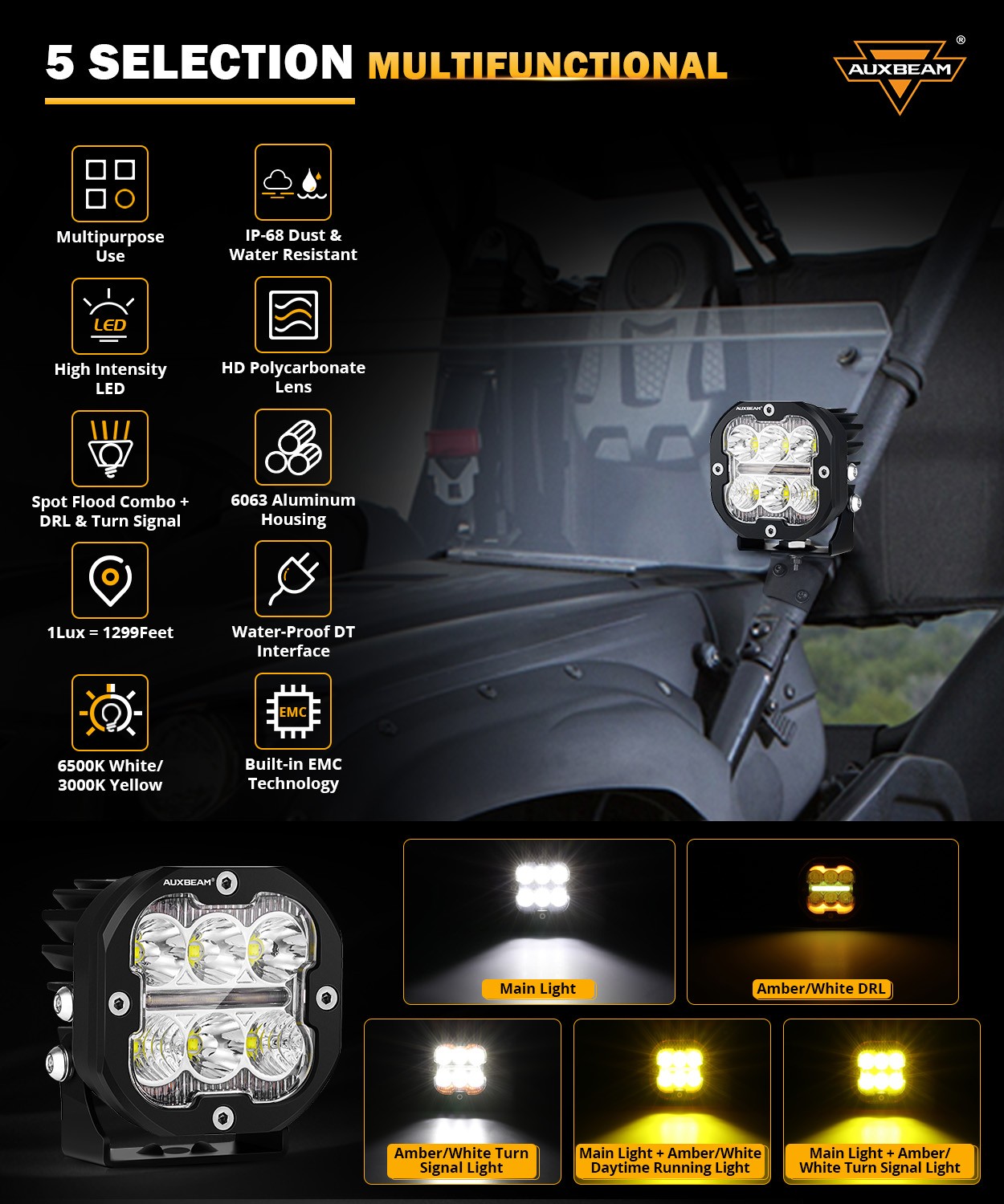 AUXBEAM 3" 84W LED Driving Light Pods Spot Fog Ditch Work Lamp DRL & Turn Signal