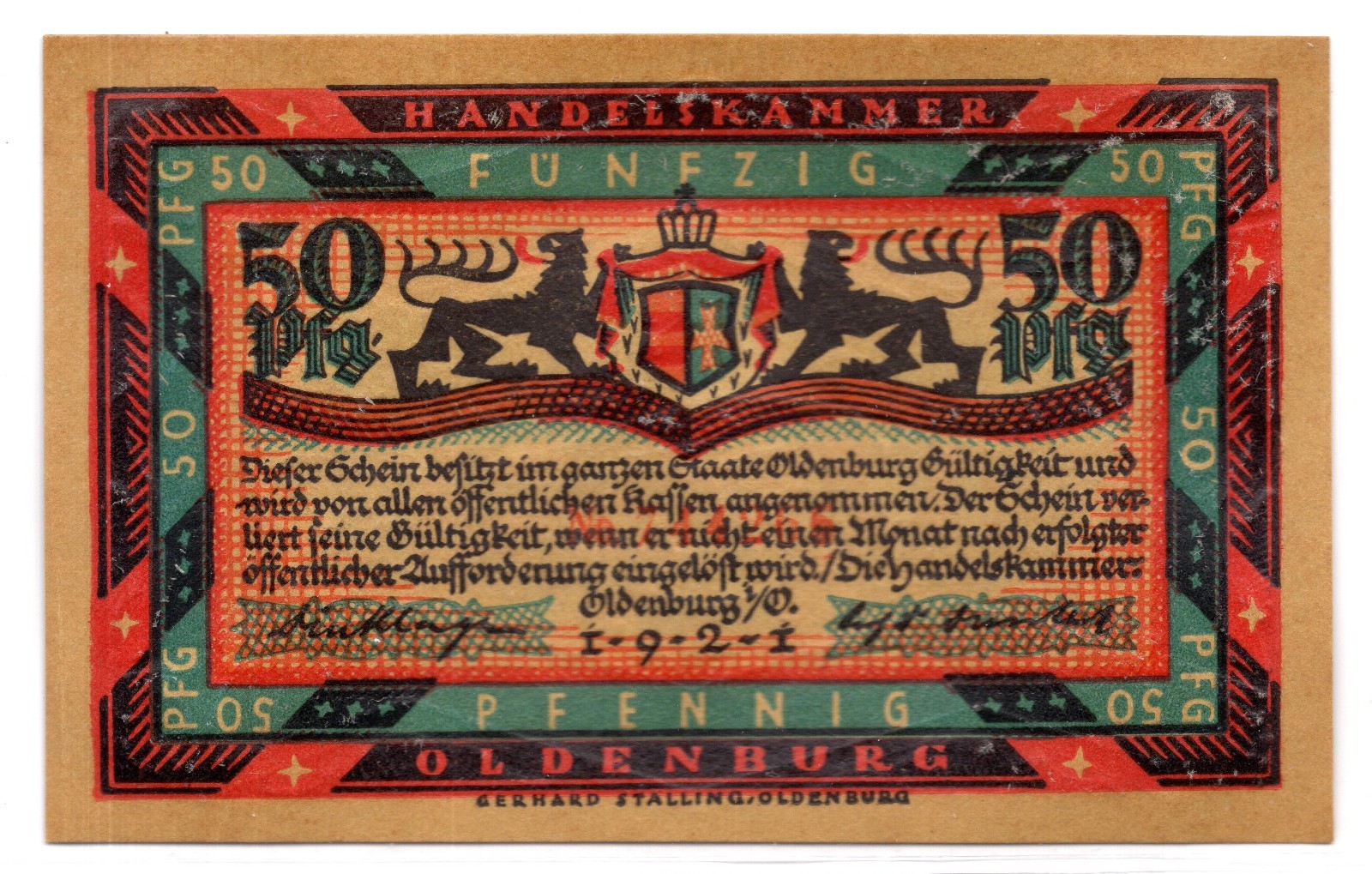 1921 Germany Oldenburg Notgeld 50 Pfennig Note (3968)
