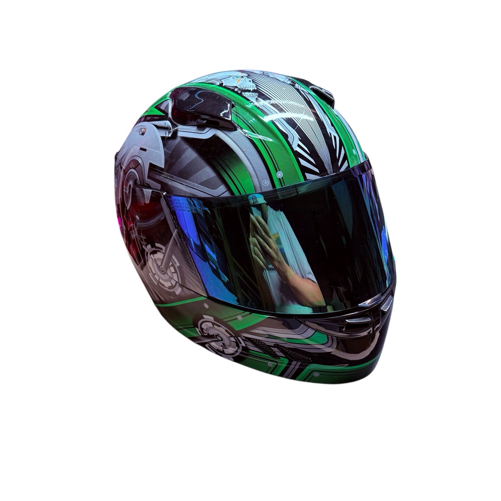 1STORM Motorcycle Bike Full Face Helmet Mechanic Skull Green Large