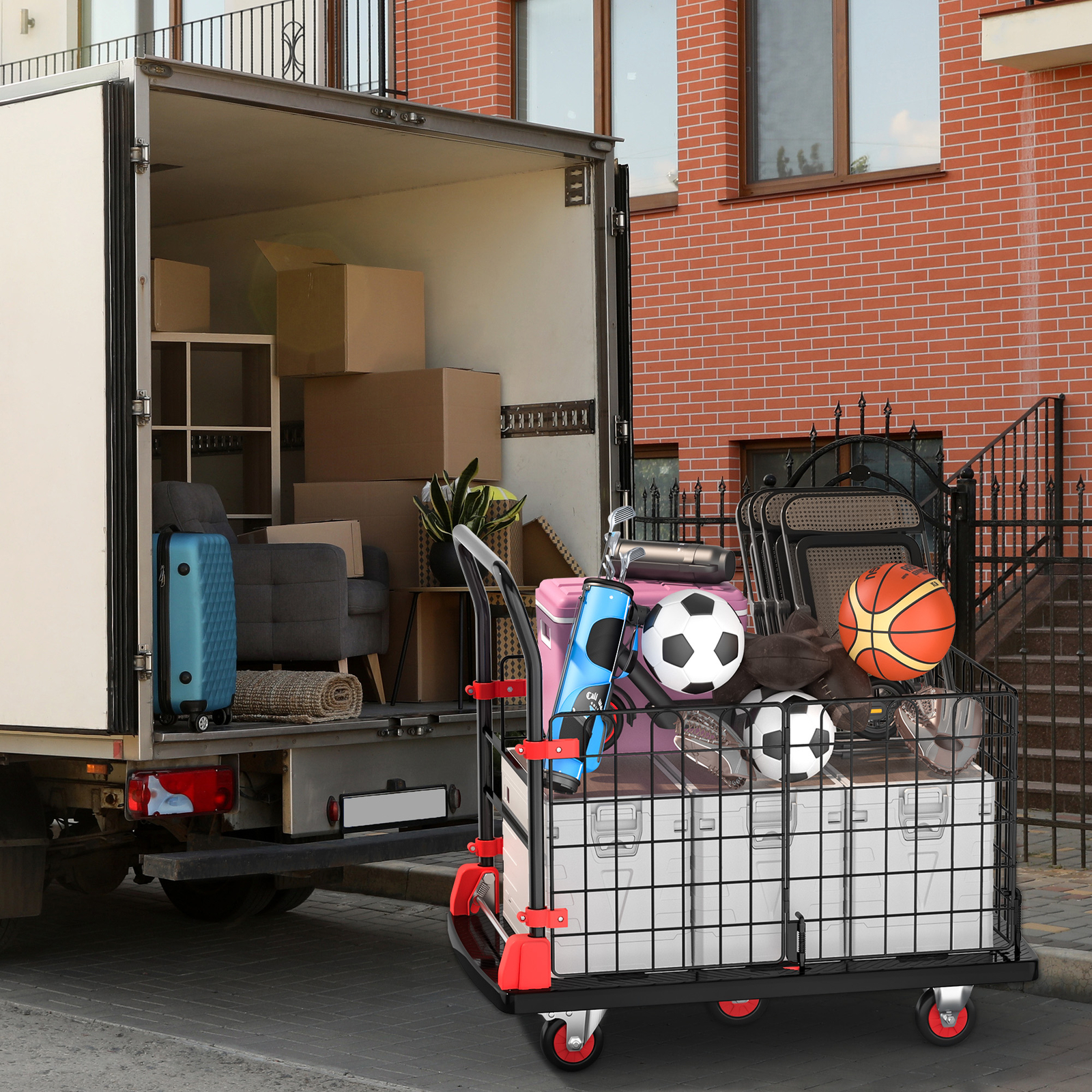 880LBS Platform Truck Cart Folding Dolly Cart Trolley Fence with Removable Cage