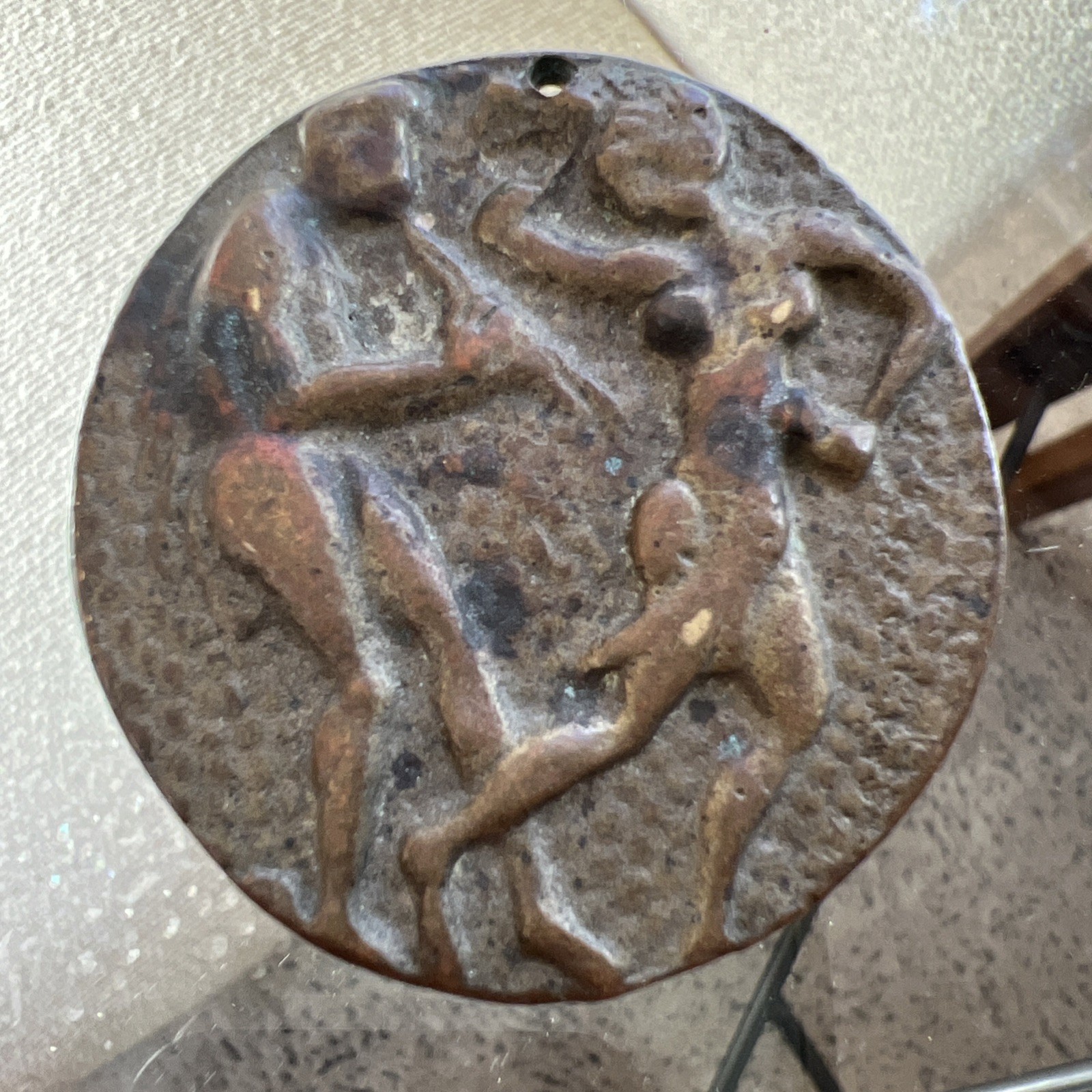 Modernist Greek Style Cast Coin Medallion Flute Player & Dancing Woman Discus