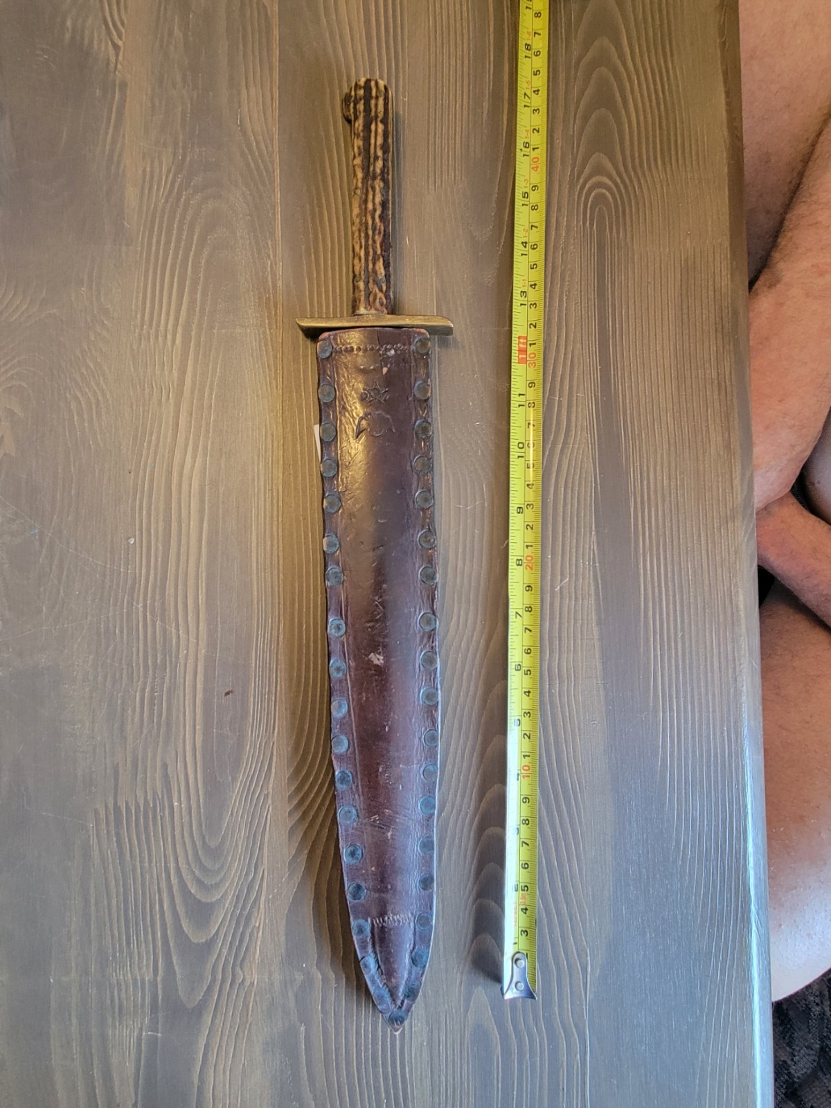 Antique Mid-1800s Stag Handle Fighting Knife with Sheath