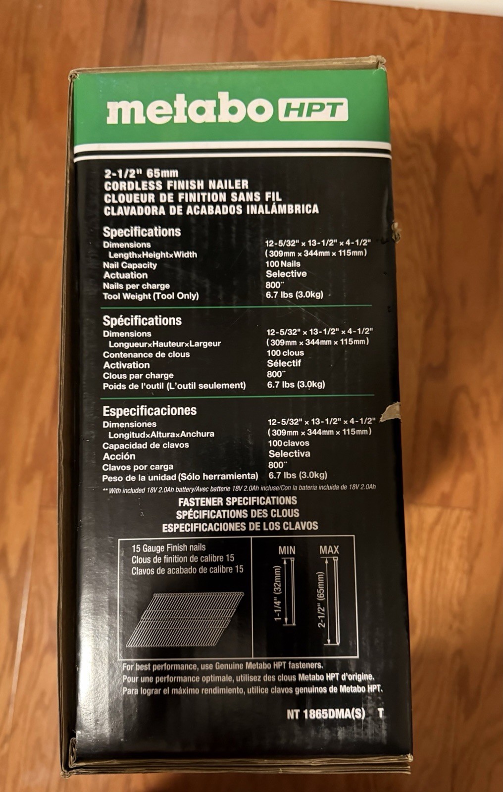 Metabo HPT NT1865DMA(S) 18V 2.5" Cordless 15Ga Finish Nailer w/Battery & Charger