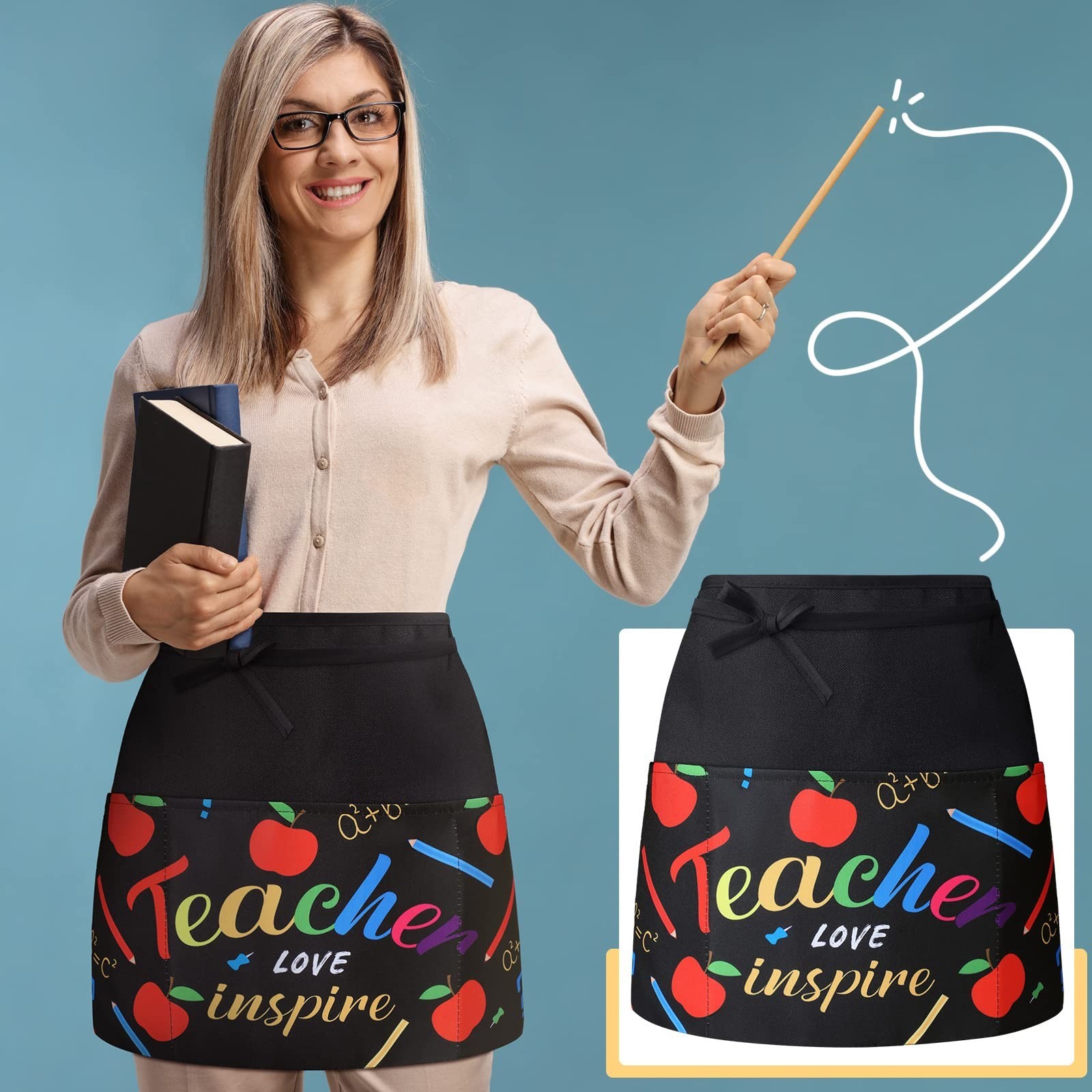Handepo 4 Pieces Waist Apron for Teachers with 3 Pockets Back to School Half ...