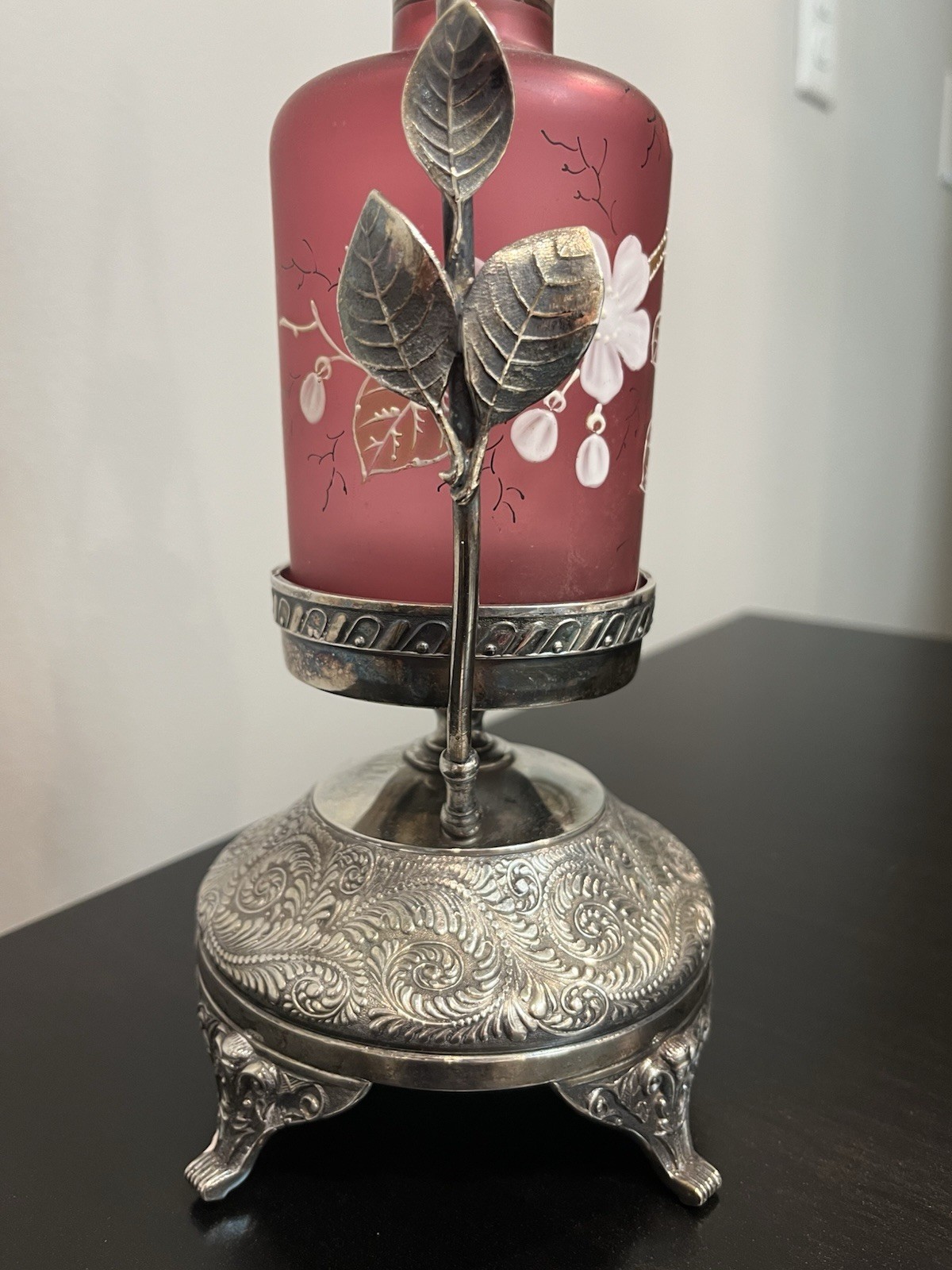 RARE Victorian Silver Plate Figural Perfume Castor Holder Cranberry Satin Glass