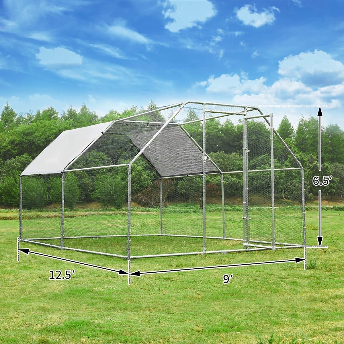 Large Metal Chicken Coop Walk-in Poultry Cage Hen House Flat Roof w/Cover Yard