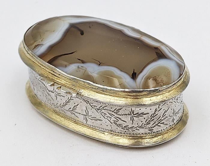 INDIAN COLONIAL SOLID SILVER AGATE MOUNTED SNUFF BOX 19TH CENTURY