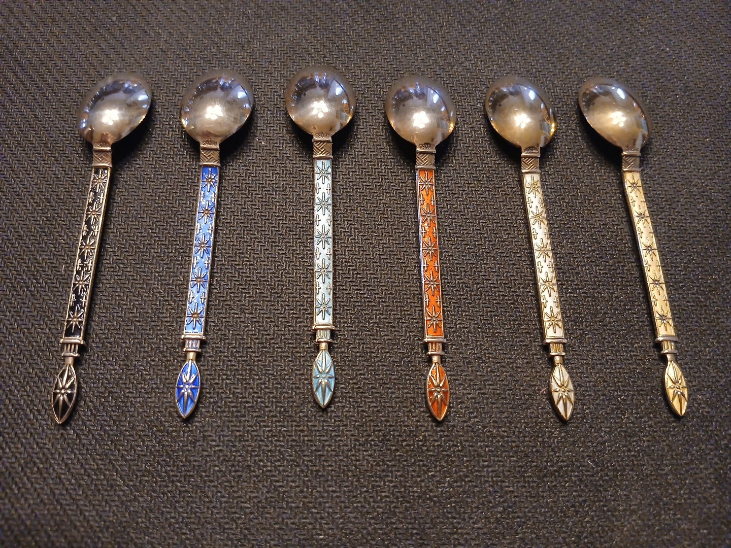 Set of 6 Sterling Silver (925S) Enamel Demitasse Spoons - Nice!
