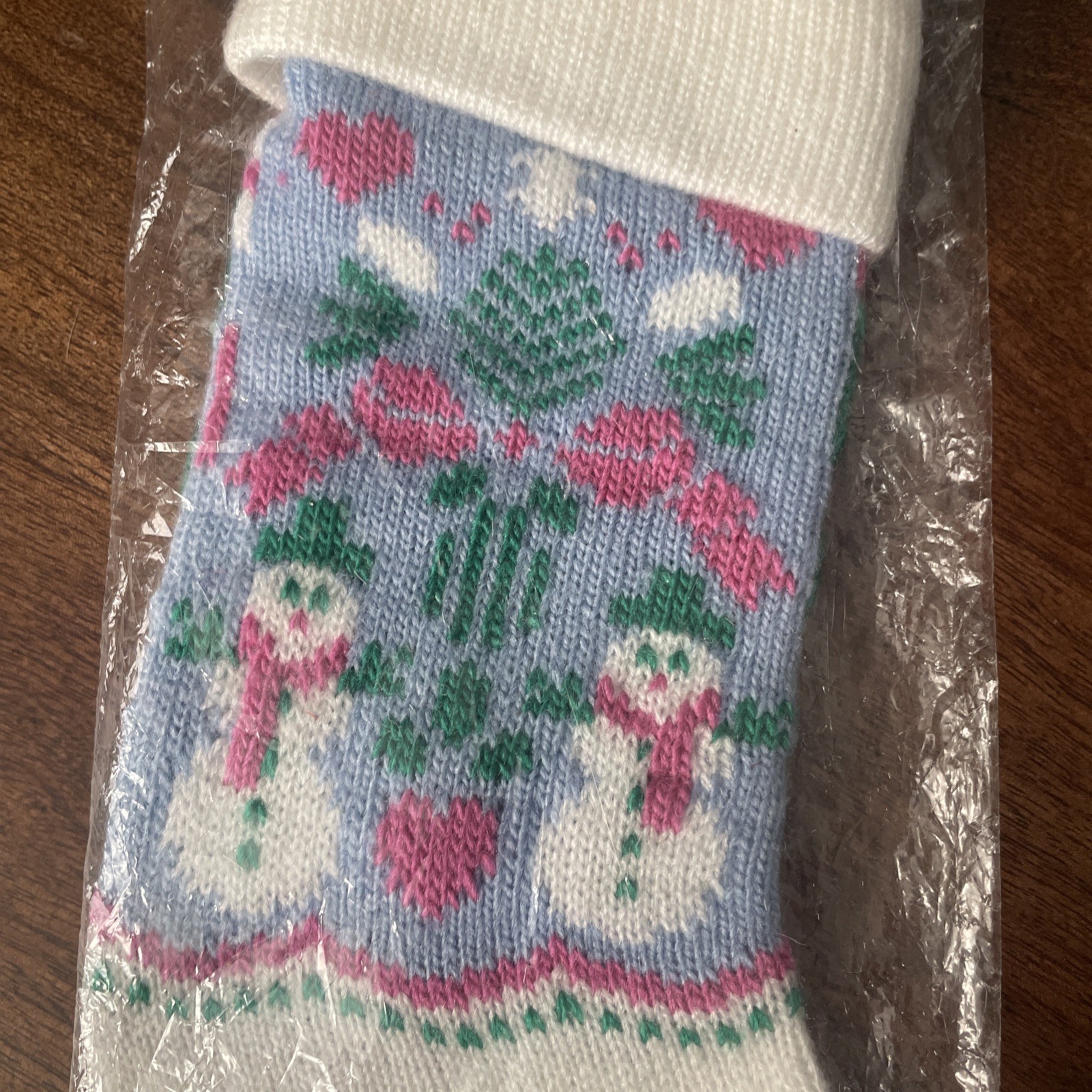 Vintage Christmas Knitted Mini Stocking Ornament Pink Blue 1980s Taiwan Snowman