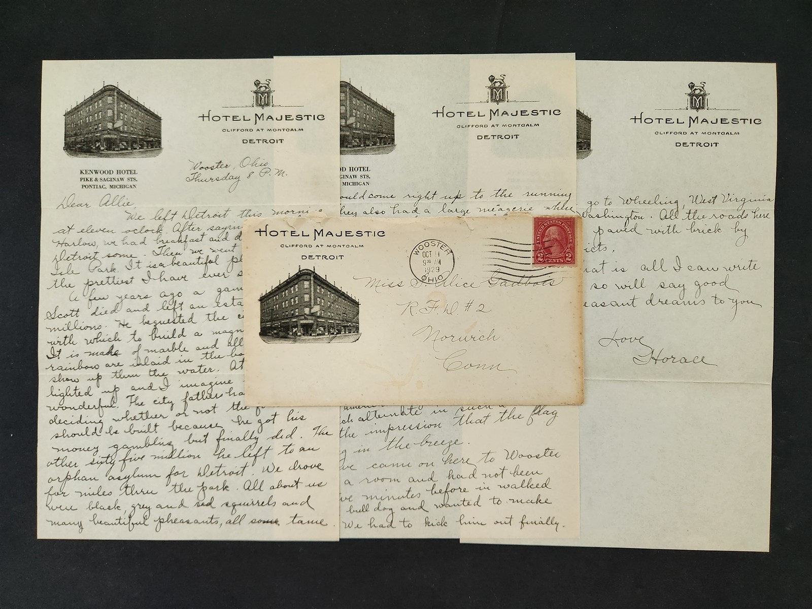 1929 antique HOTEL MAJESTIC detroit mi LETTERHEAD COVER to norwich ct GADBOIS