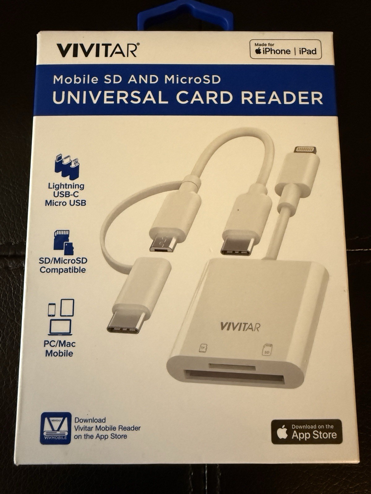 Vivitar SD/MicroSD Card Reader Lightning USB-C Micro USB Universal Adapter