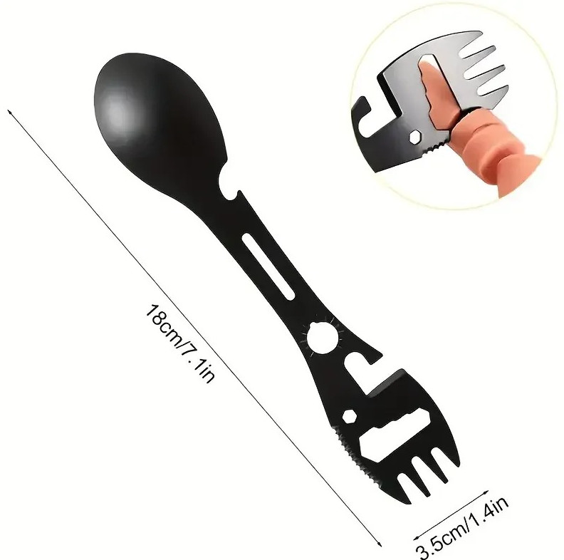 1pc Multifunction Camping Fork Spoon Bottle Opener Survival Tool Black - NEW