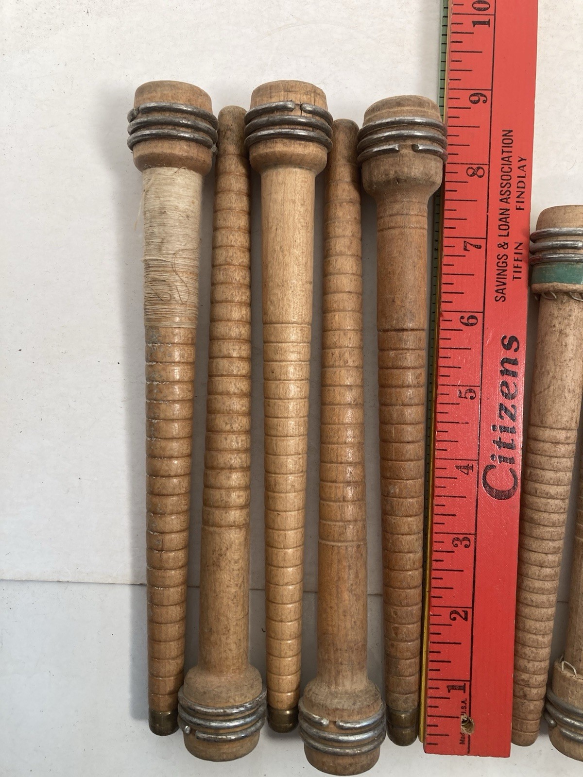 Wood Bobbins Quills Vintage Factory Reclaimed, 8 3/4 and 7 3/8", lot of 10