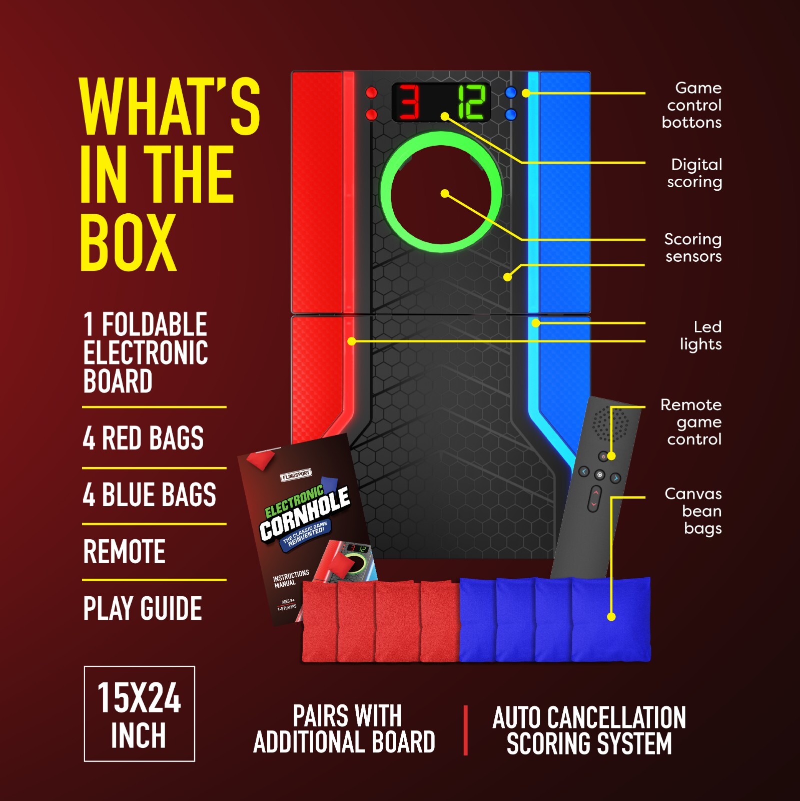 Electronic Cornhole Board Set, Remote, Cancellation Scoring System - OPEN BOX