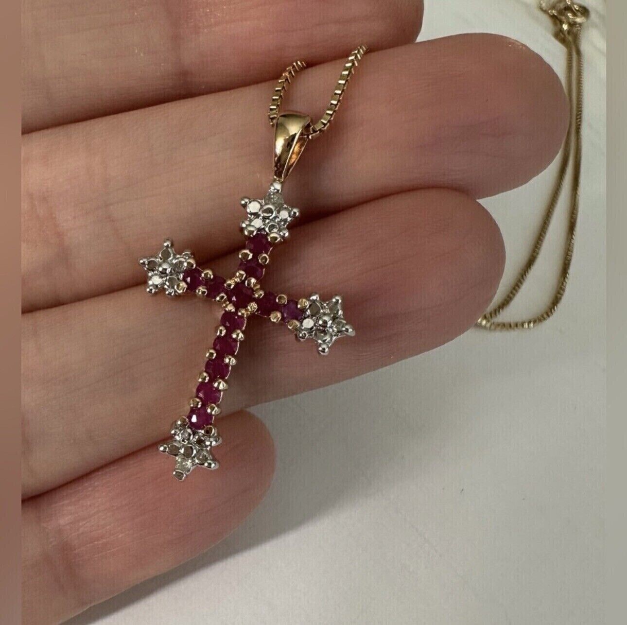 2Ct Round Cut Simulated Red Ruby Religious Cross Pendant 14K Yellow Gold Plated