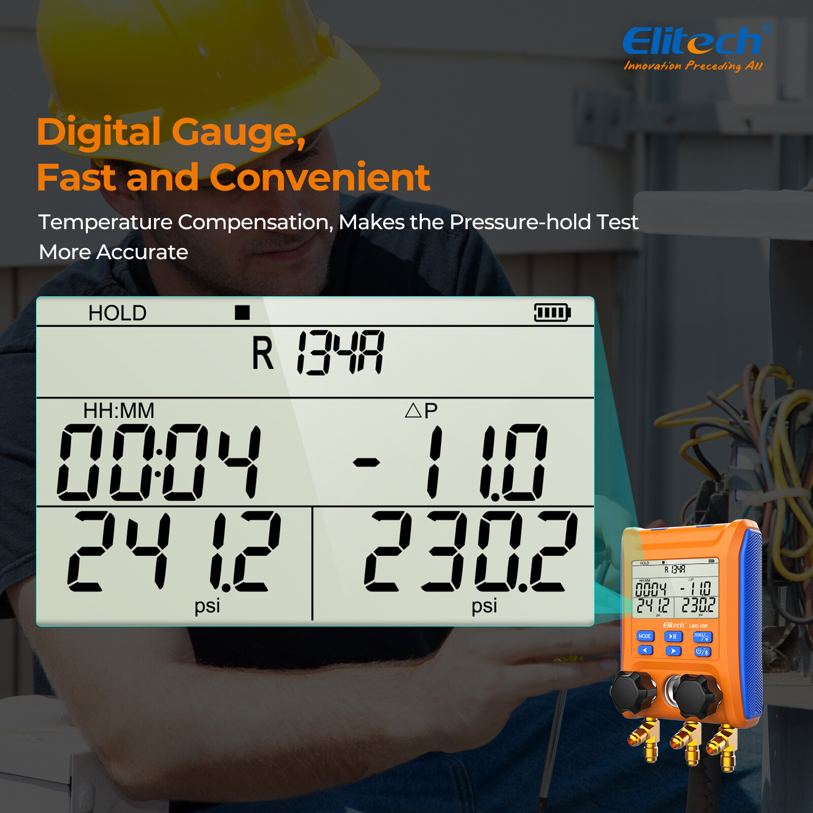 Elitech Digital Manifold Gauge 2-Way Valve AC Gauge LMG-10W App Control w/Hoses