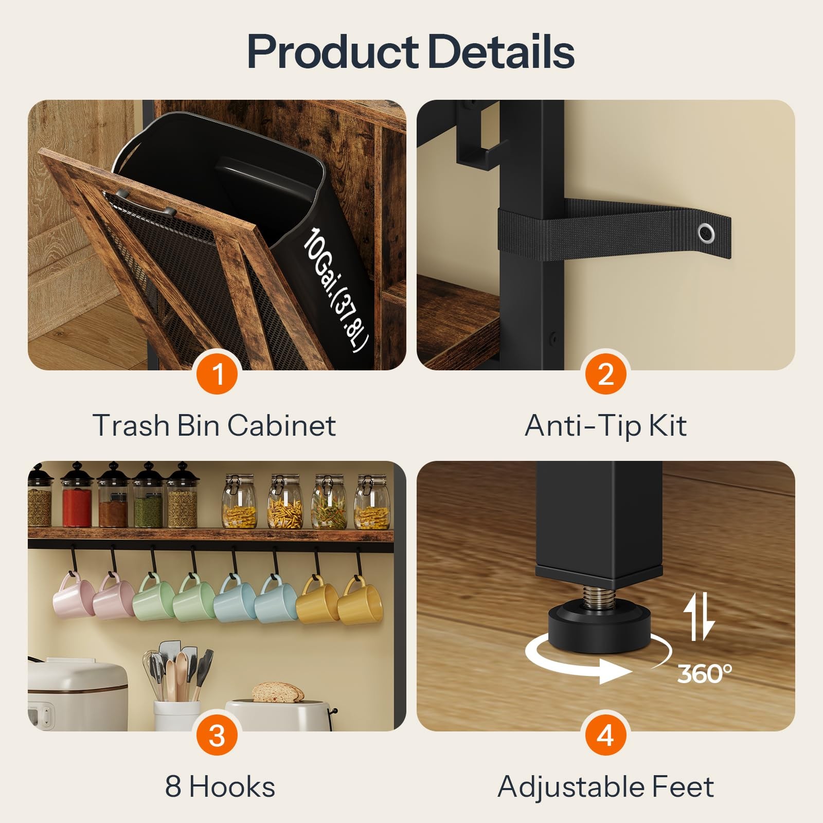 Bakers Rack with Trash Can Bin Cabinet, 6-Tier Microwave Stand with LED Stripe