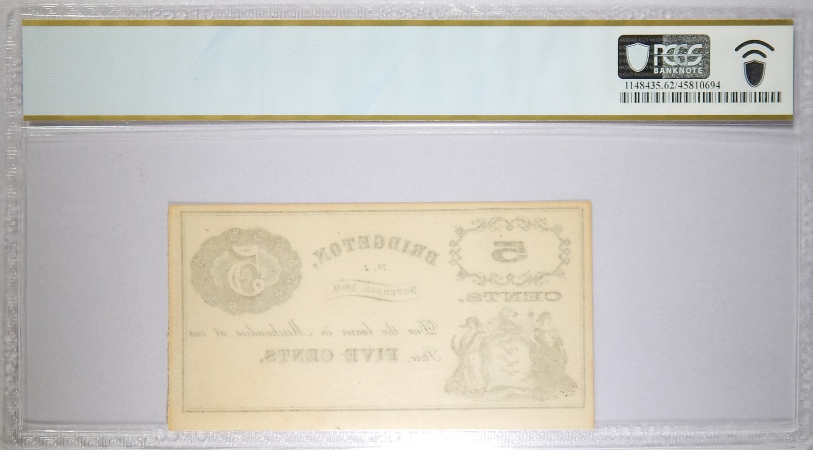 1869 Bridgeton, NJ Bridgeton Glass Works 5 Cents PCGS Banknote Unc 62