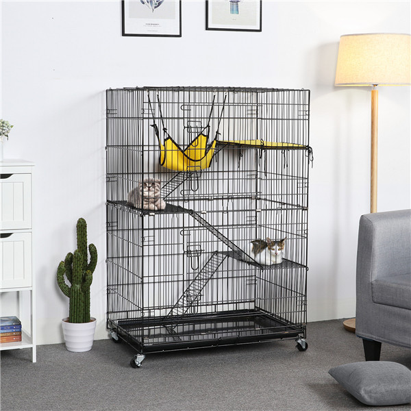48" Folding Metal Pet Cat Kennel Cage Crate Playpen w/ Free Hammock Bed Black