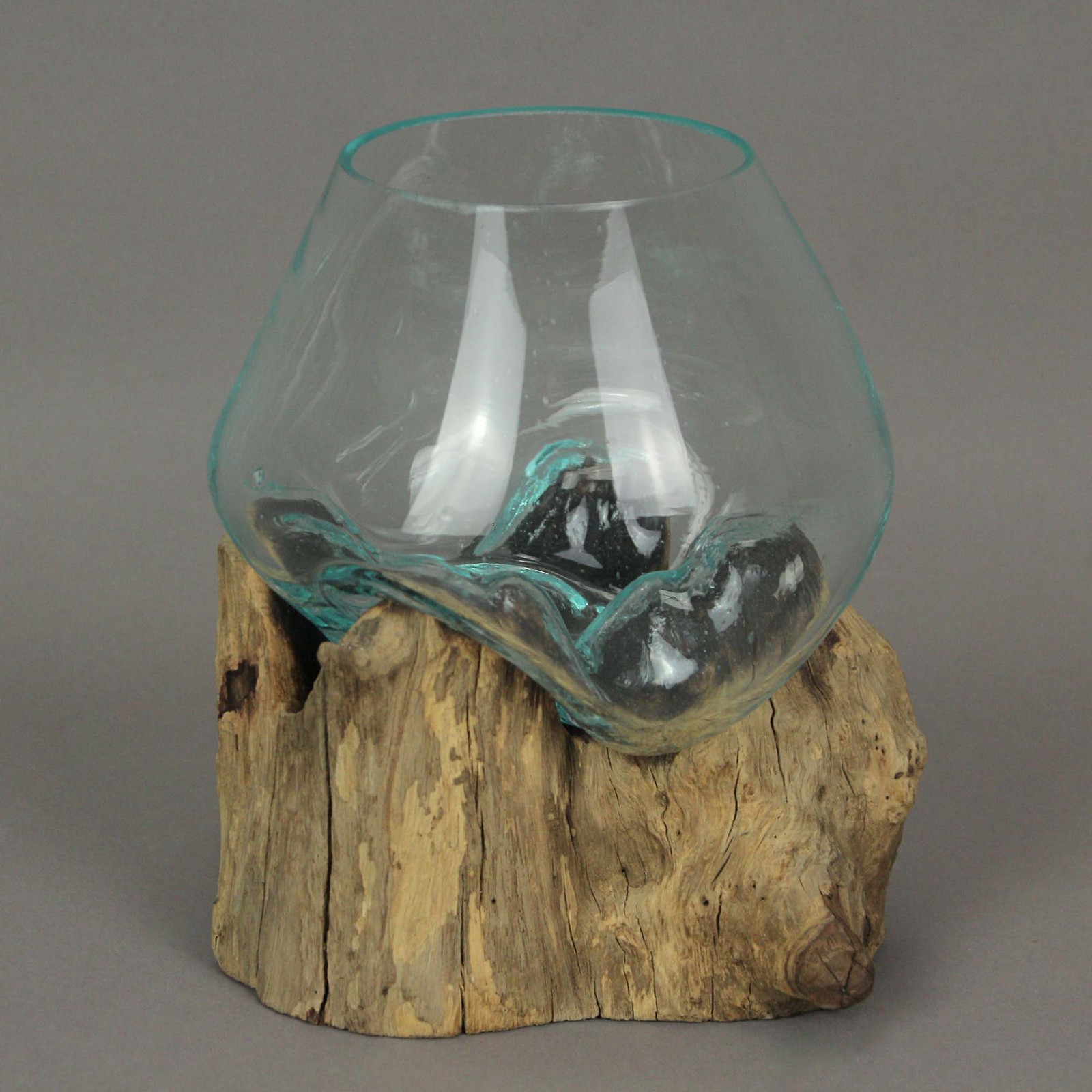 Melted Glass On Teak Driftwood Decorative Bowl Vase Terrarium Planter 6 Inches