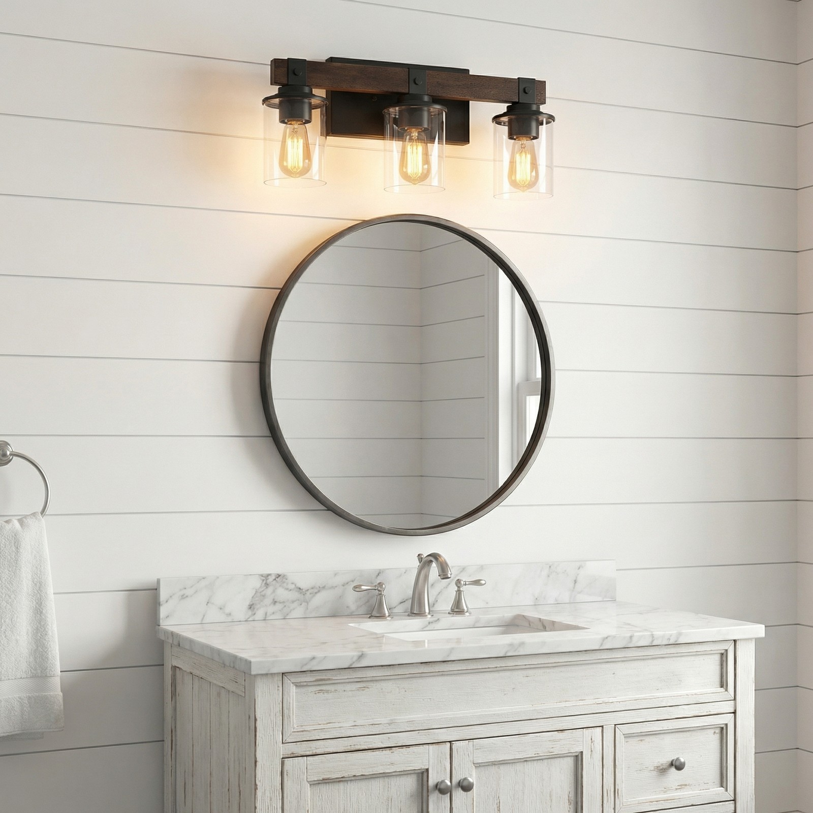 19" Vintage Vanity Light Bathroom Mirror Wall Lamp 3 Lights Rustic Wood Fixture