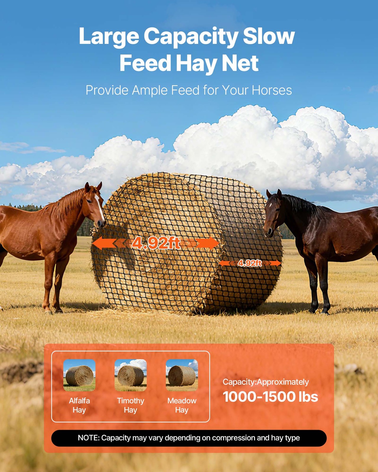 VEVOR Round Bale Hay Net Slow Feeder Round Bale Net for Horses 4.92 x 4.92 ft
