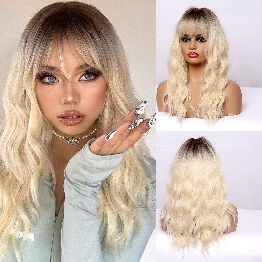 Platinum Blonde Hair Wigs with Bangs Long Wavy Synthetic for Women Fanshion Wigs